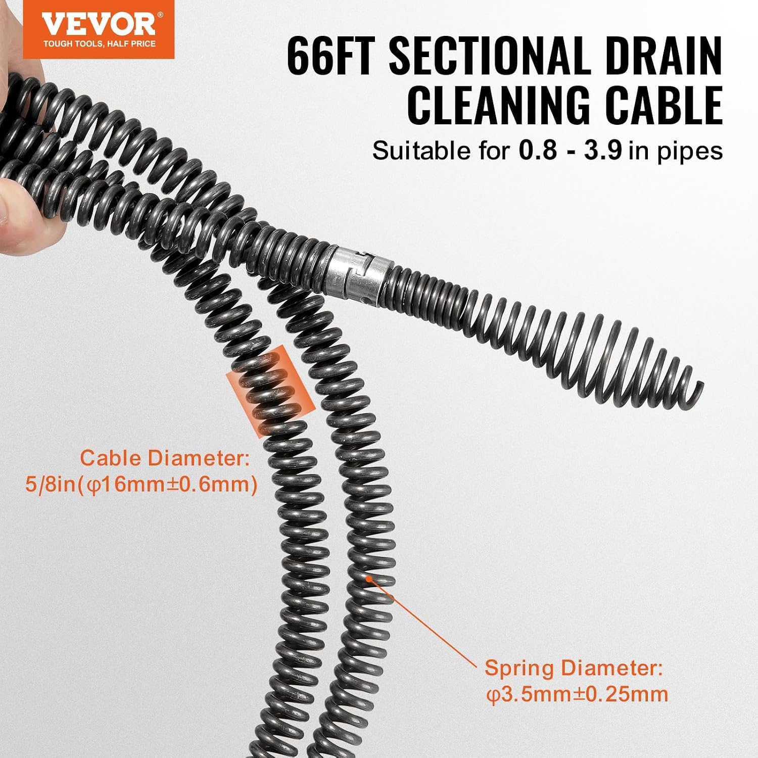 VEVOR Drain Cleaning Cable 100 FT x 5/8 Inch, Professional Sectional Drain Cleaner Cable with 7 Cutters for 0.8" to 3.9" Pipes for Hollow Core Sewer Cleaner Auger Sink, Toilet