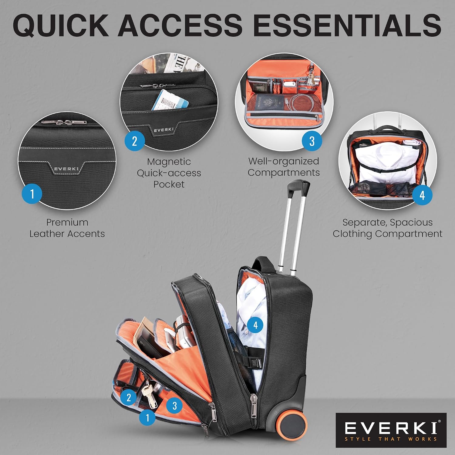 EVERKI Journey Rolling Laptop Briefcase for Men & Women, Black - 27L | Ballistic Nylon, Carry On Luggage w/ Wheels, Business & Travel - Friendly