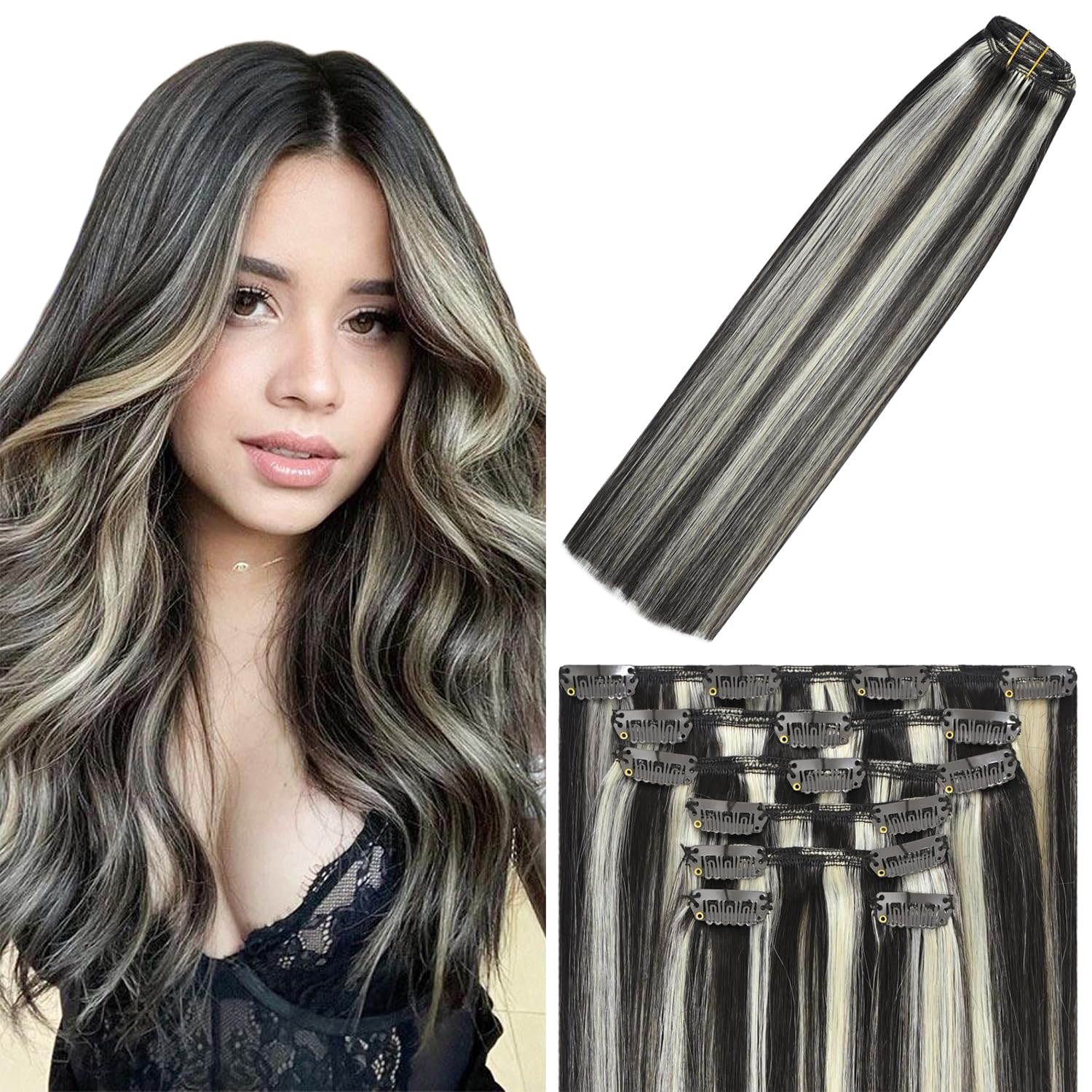 WindTouch Clip In Hair Extensions Human Hair Mixed Bleach Blonde 18Inch 75g Hair Extensions for Women Remy Blonde Extensions Clip in #18p613 7PCS