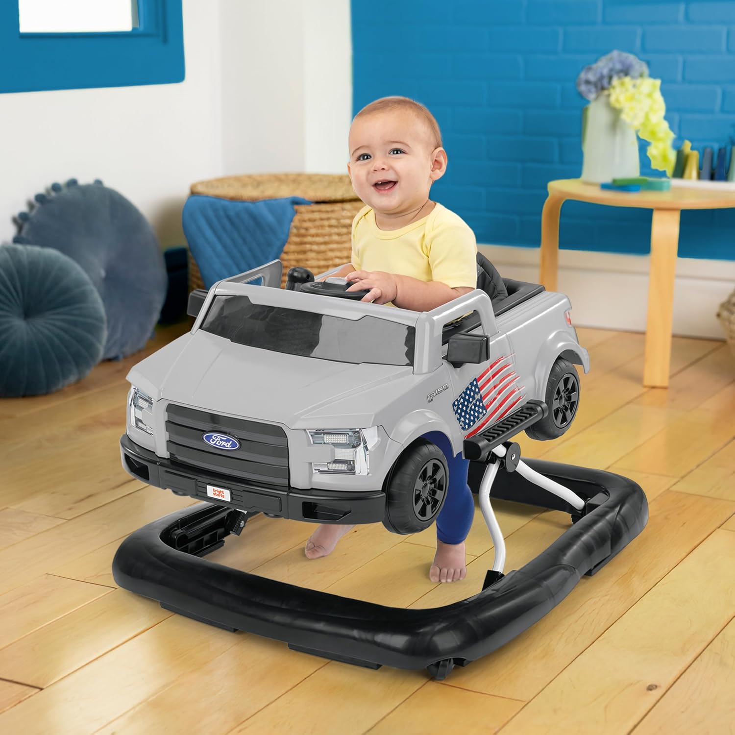 Bright Starts Ford Mustang 4-in-1 Pink Baby Activity Center & Push Walker with Removable Interactive Steering Wheel -Toy, 6 Months and up