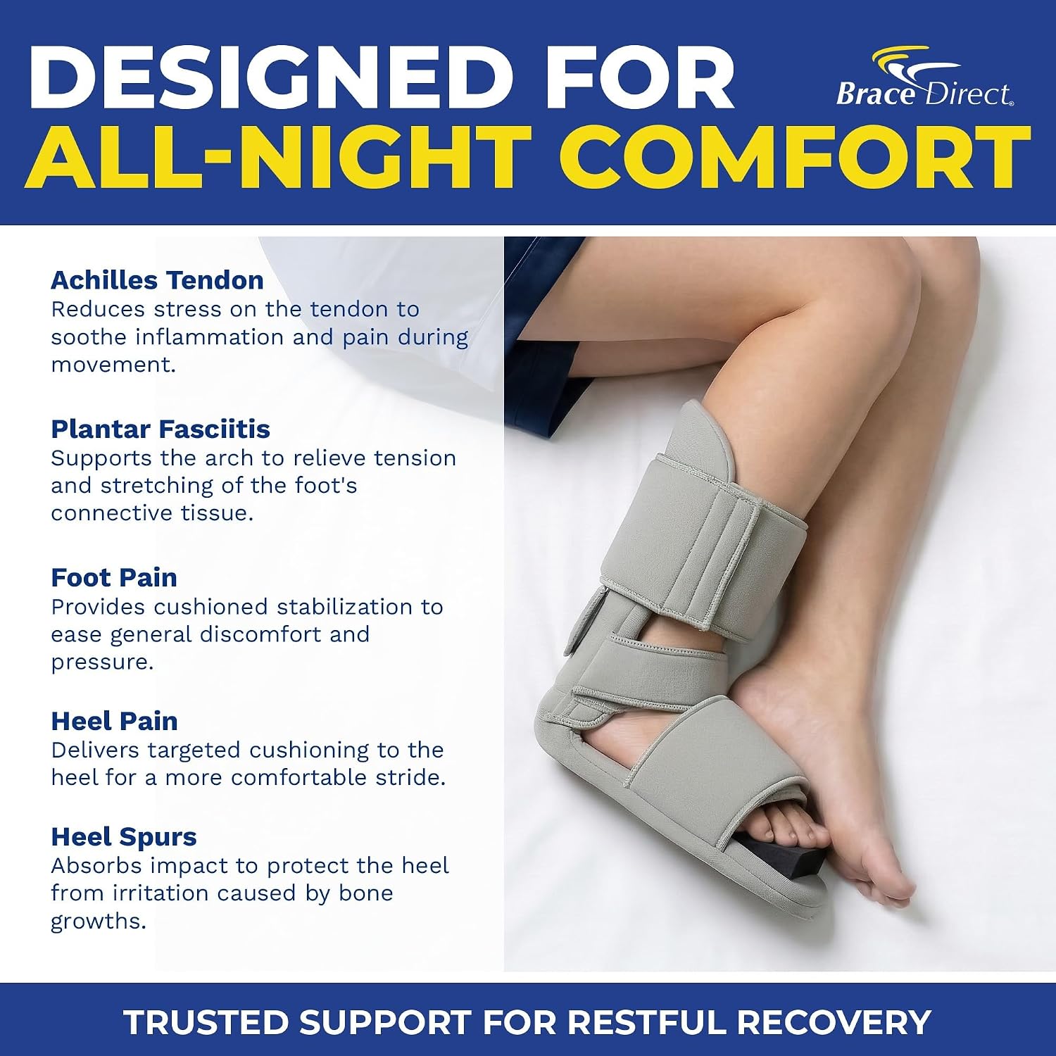 Brace Direct Padded Night Splint 90 Degree Sleeping Boot - Immobilizing Stretching Support for Plantar Fasciitis, Drop Foot, Achilles Tendonitis