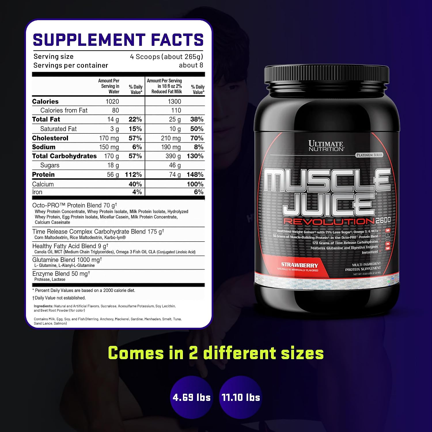 Ultimate Nutrition Muscle Juice Revolution 2600 Weight Gainer, Muscle Recovery with Glutamine, Micellar Casein and Time Release Complex Carbohydrates, Banana Protein Powder, 4.69 Pounds | 70g Octo-PRO™ Protein Blend, 175g Time-Release Carbs, 1000mg Gluta…