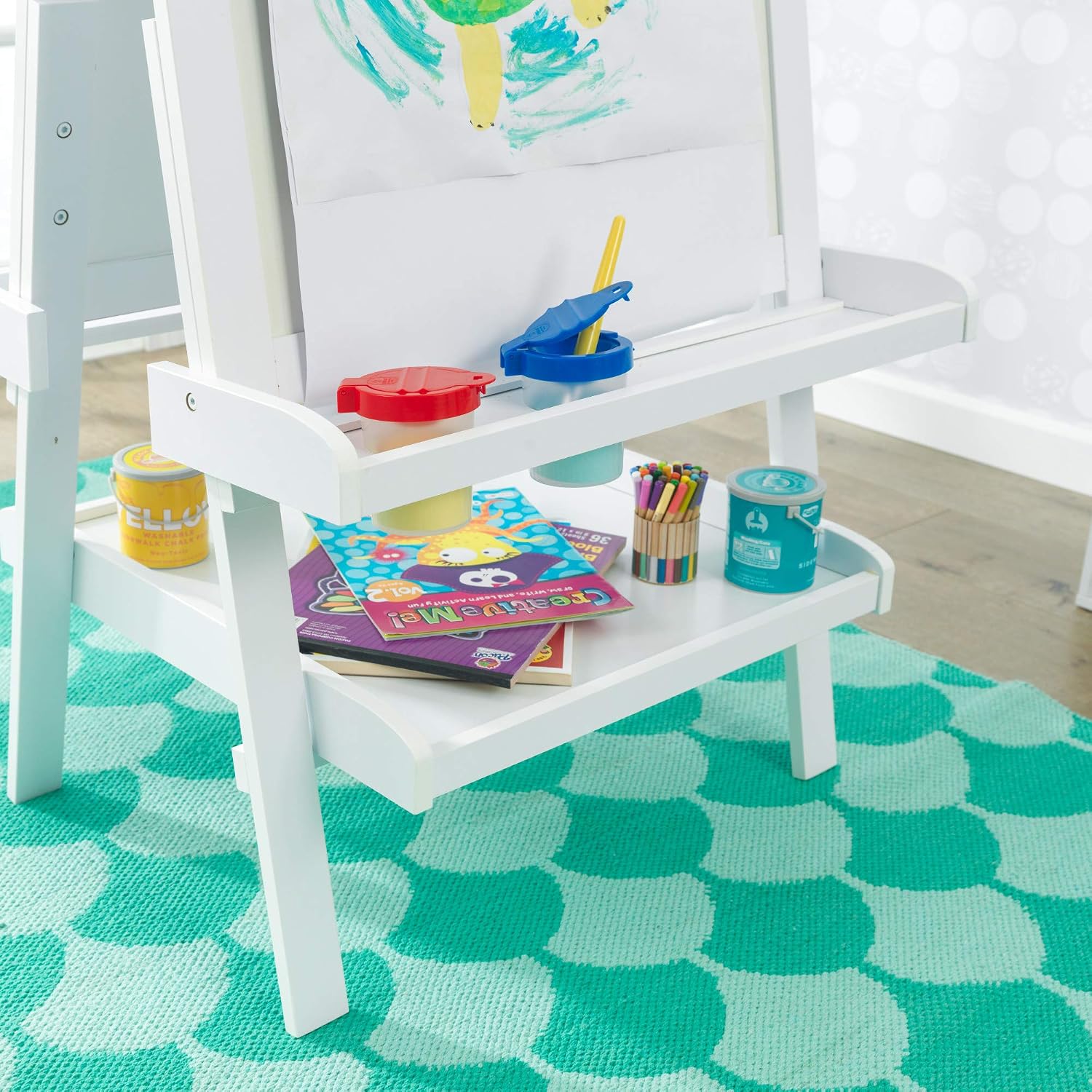 KidKraft Deluxe Wooden Easel with Chalkboard and Dry Erase Surfaces, Paper Roll and Paint Cups - White, Gift for Ages 3+