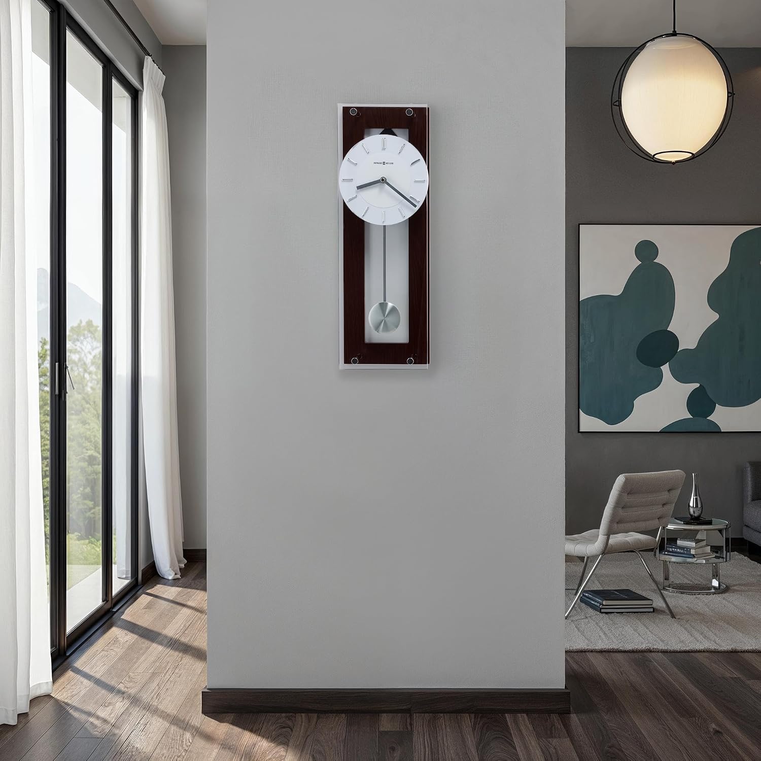 Howard Miller Emmett II Wall Clock – Espresso Finish, Silver Pendulum, Chrome Accents, Quartz Movement, Modern Pendulum Wall Clock