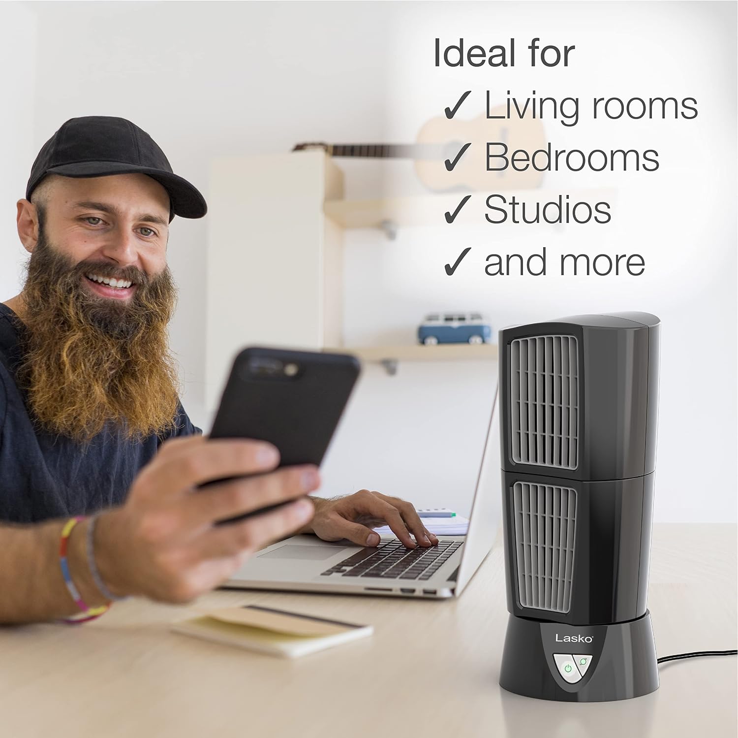 Lasko Oscillating Platinum Desktop Wind Tower Fan, 3-Speeds, Compact, Portable with Handle for Office, Bedroom and Kitchen, 14", Black, 4916