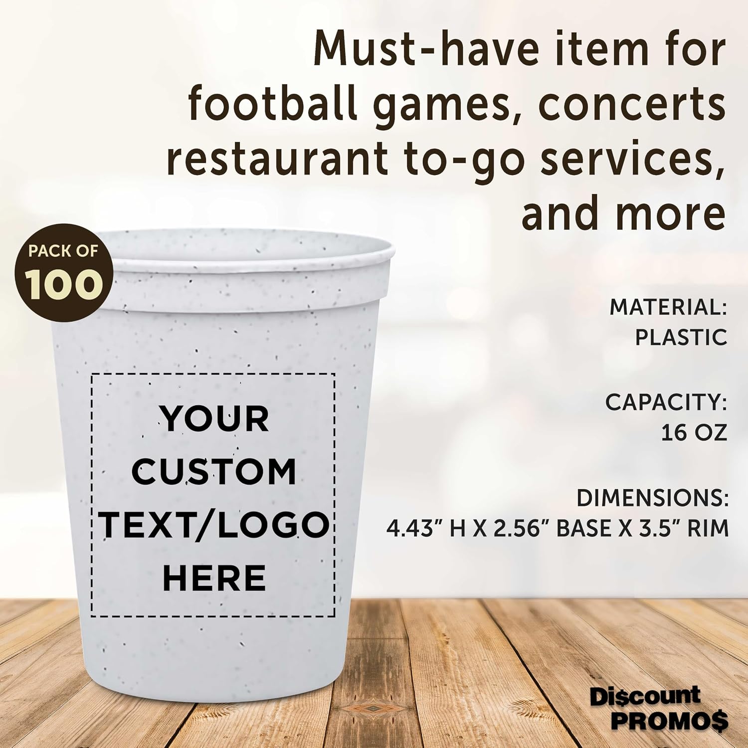 DISCOUNT PROMOS Custom Plastic Stadium Cups 16 oz. Set of 10/50/100, Personalized Bulk Pack - Perfect for Birthdays, Weddings, Picnic, Beach