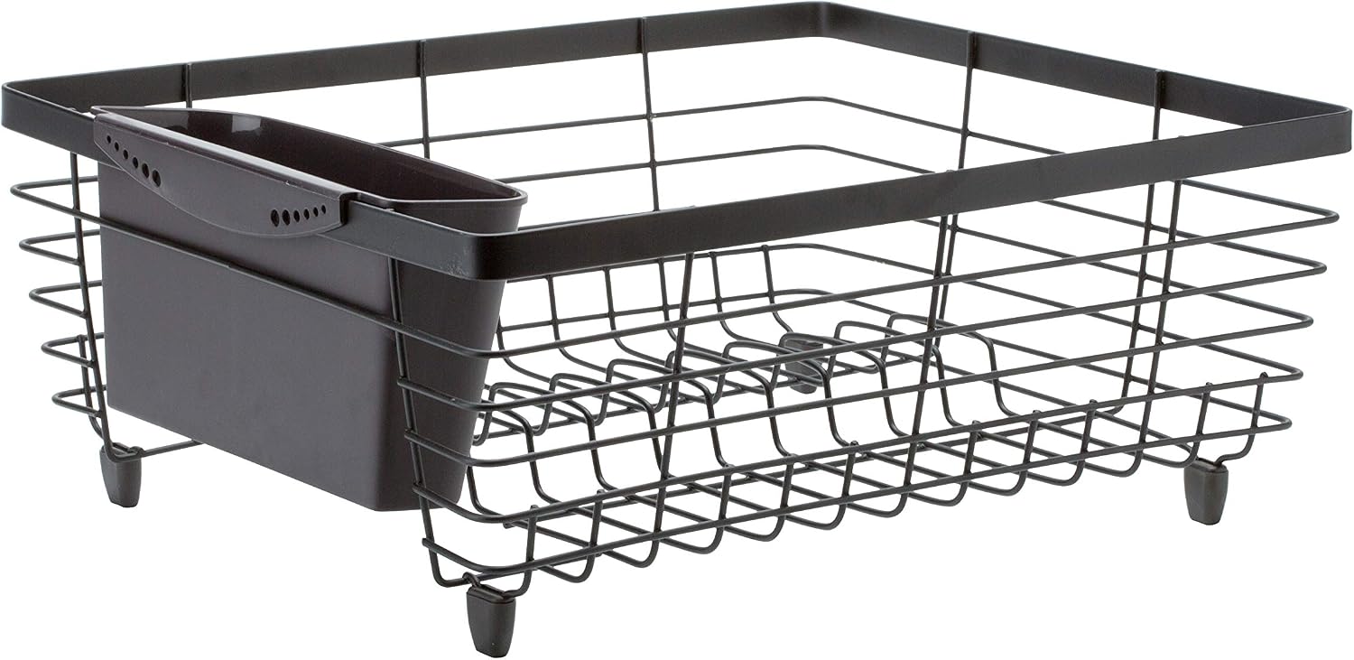 Kitchen Details Flat Wire Countertop or Over The Sink Dish Drying Rack with Cutlery Basket | Holds up 10 Dishes | Mugs | Kitchen Accessories | Black
