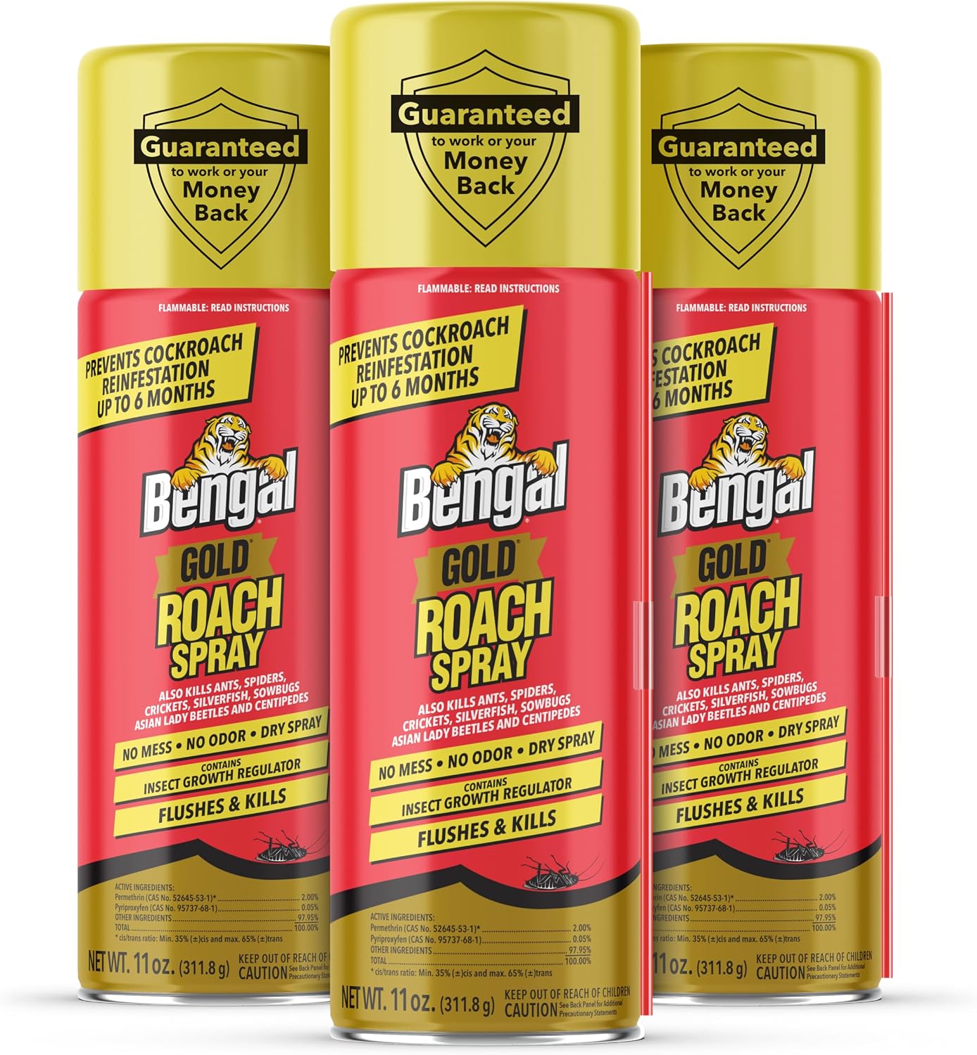 Bengal Gold Roach Spray - Prevents Reinfestation Up to 6 Months - 3 Pack | 11 oz - Odorless, Stain-Free Bug Spray for Home