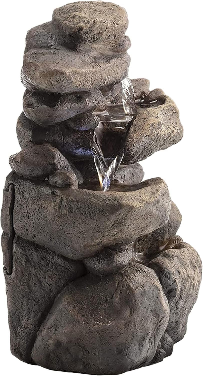 Alpine Corporation 13" Tall Indoor Tabletop Water Fountain, 4 Tier Cascading Water Feature with LED Lights for Home, Office, Living Room, or Zen Decor, Gray