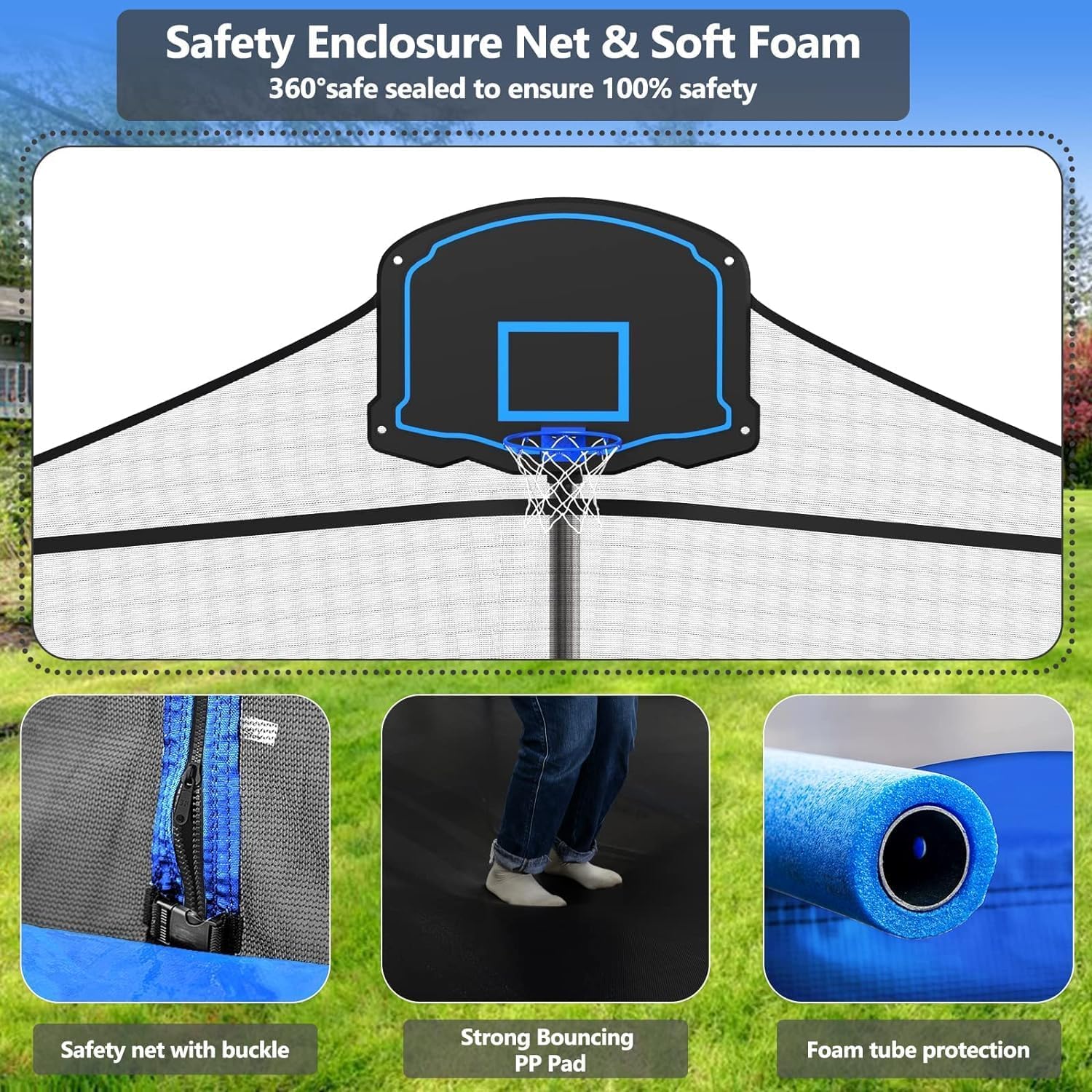 10 12 14 16FT Trampoline Outdoor, Light/Sprinkler/Basketball Hoop | Large Recreational Trampoline for Kids and Adults, Heavy Duty Yard Trampolines with Enclosure Net, ASTM Approval