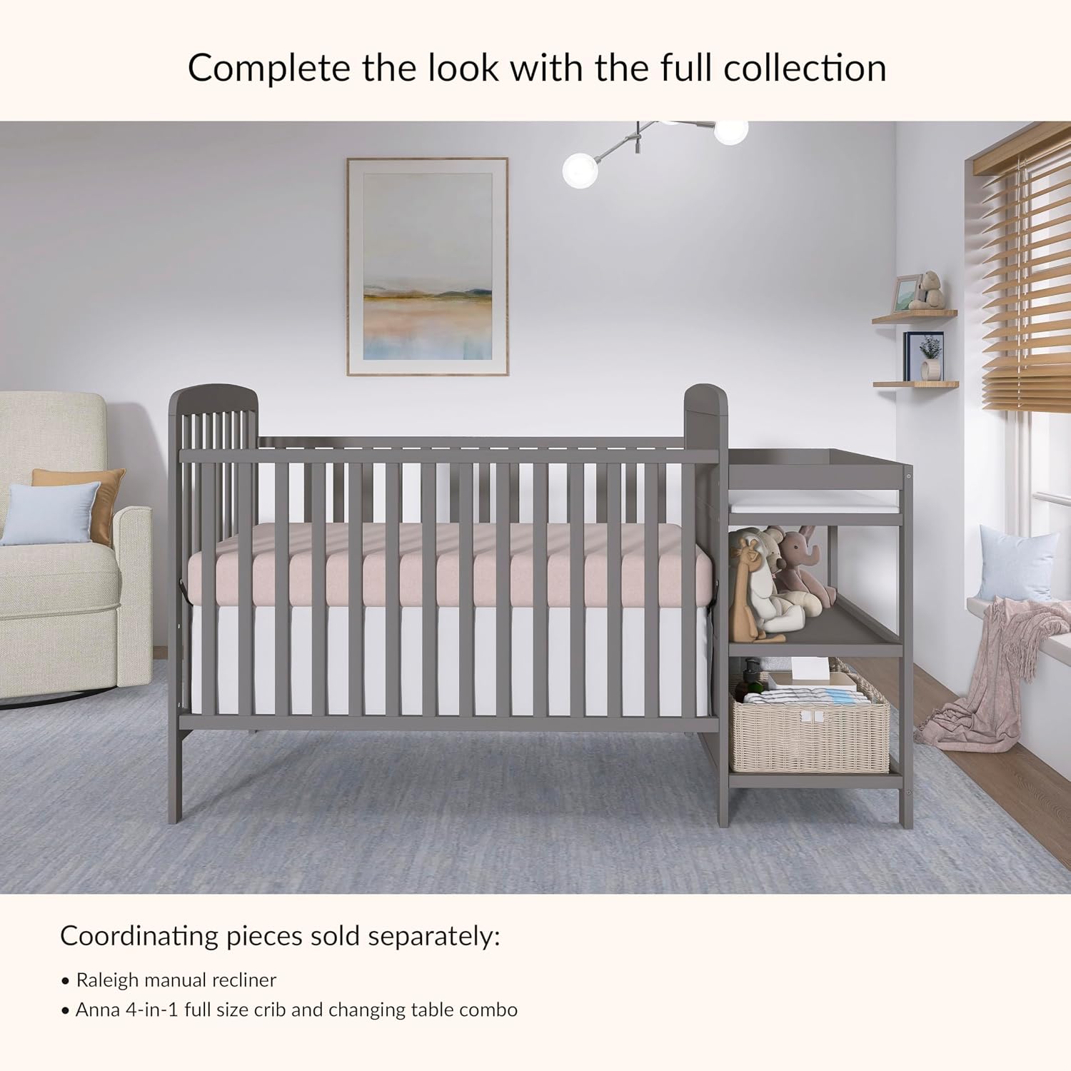 Dream On Me Anna 3-in-1 Convertible Full-Size Baby Crib & Changer with Storage in Steel Grey, GreenGuard Gold & BSA, Pinewood