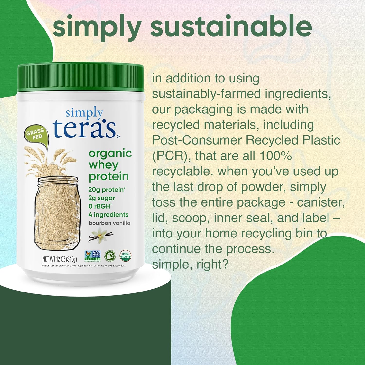 Simply tera's Organic Whey Protein Powder, Bourbon Vanilla, Organic - 12 Oz | Whey Protein Powder, Grass Fed Vanilla