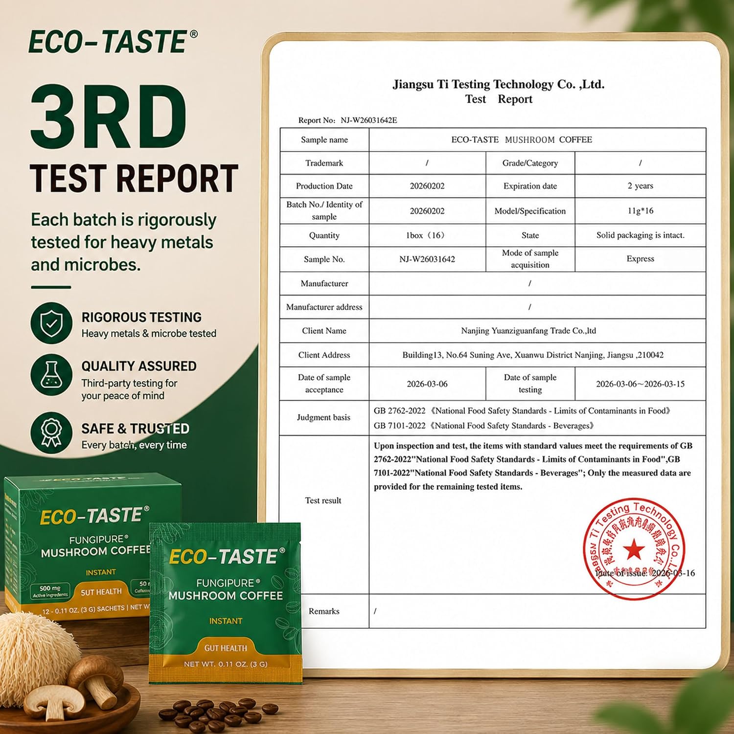 ECO-TASTE Mushroom Coffee Mix for Focus, 12 Sachets