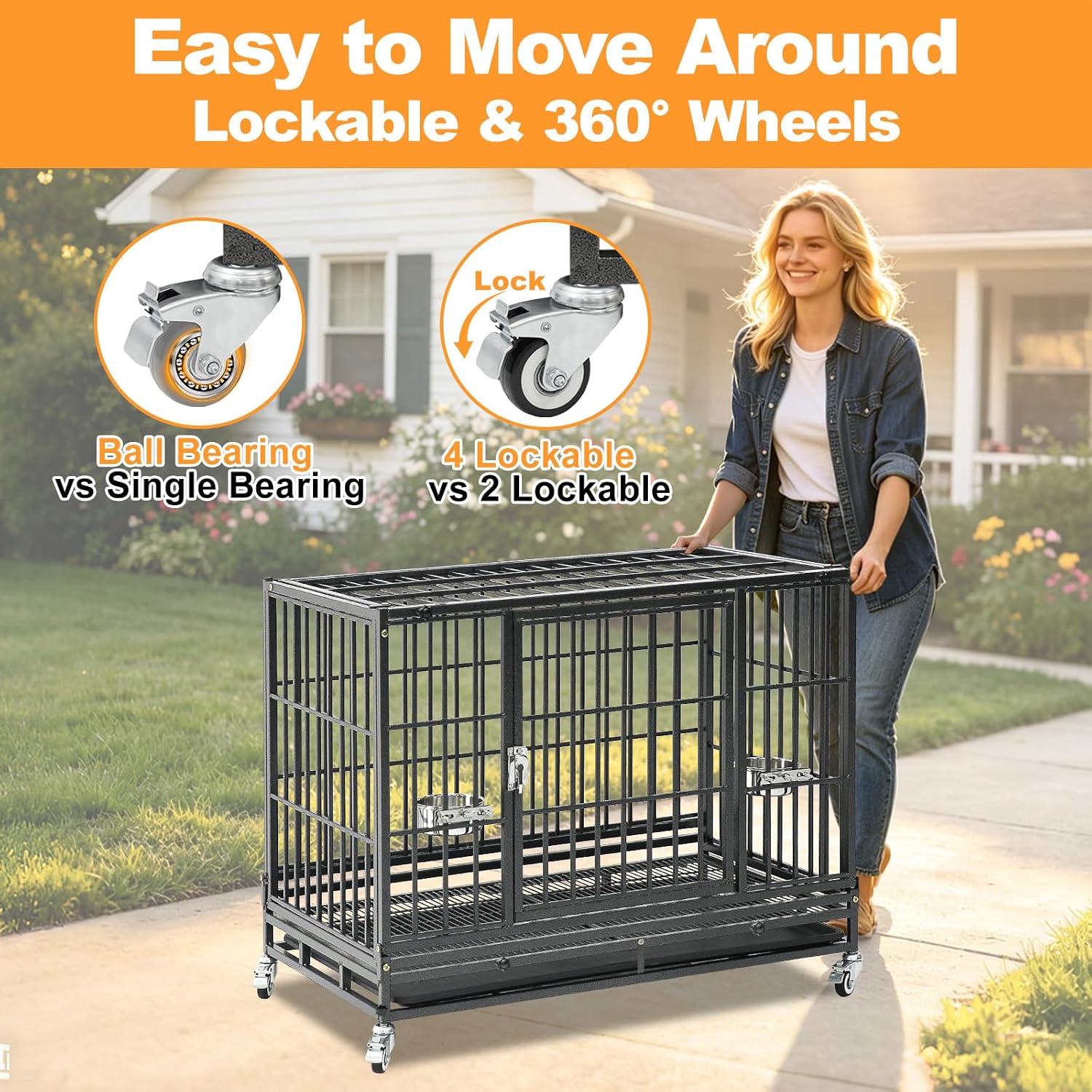 Homey Pet Three Tiers 43 inch Heavy Duty Dog Crate with Wheels, Dual Doors | Stackable Indestructible Steel Dog Cage Kennel Indoor with Divider, Trays, Bowls, Escape Proof Locks for Breeders and More