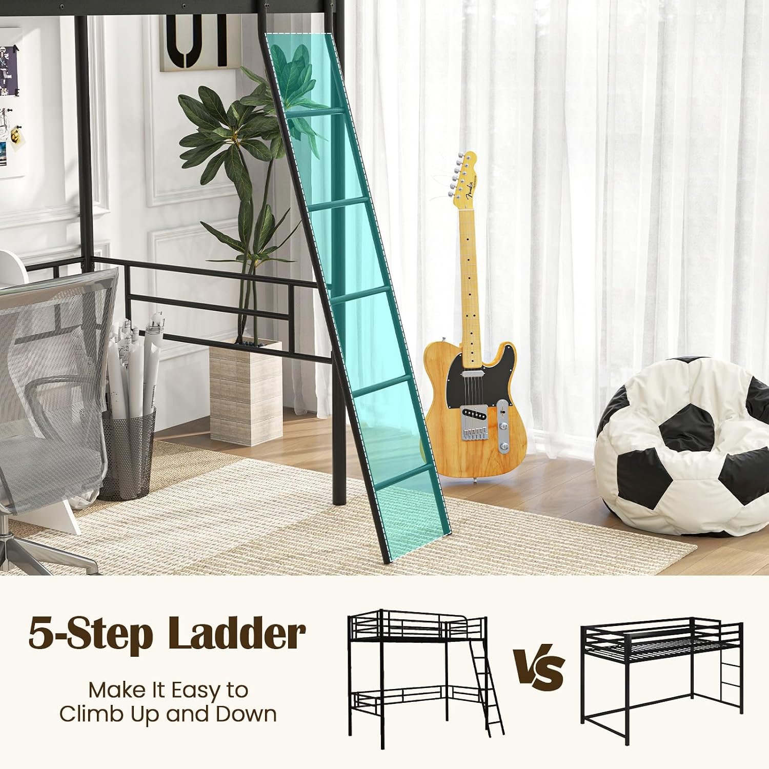 GIANTEX Twin Size Loft Bed, Metal Loft Bed Frame with Ladder & Safety Guardrail, Space-Saving with Ample Space Underneath, for Teens Junior and Adults