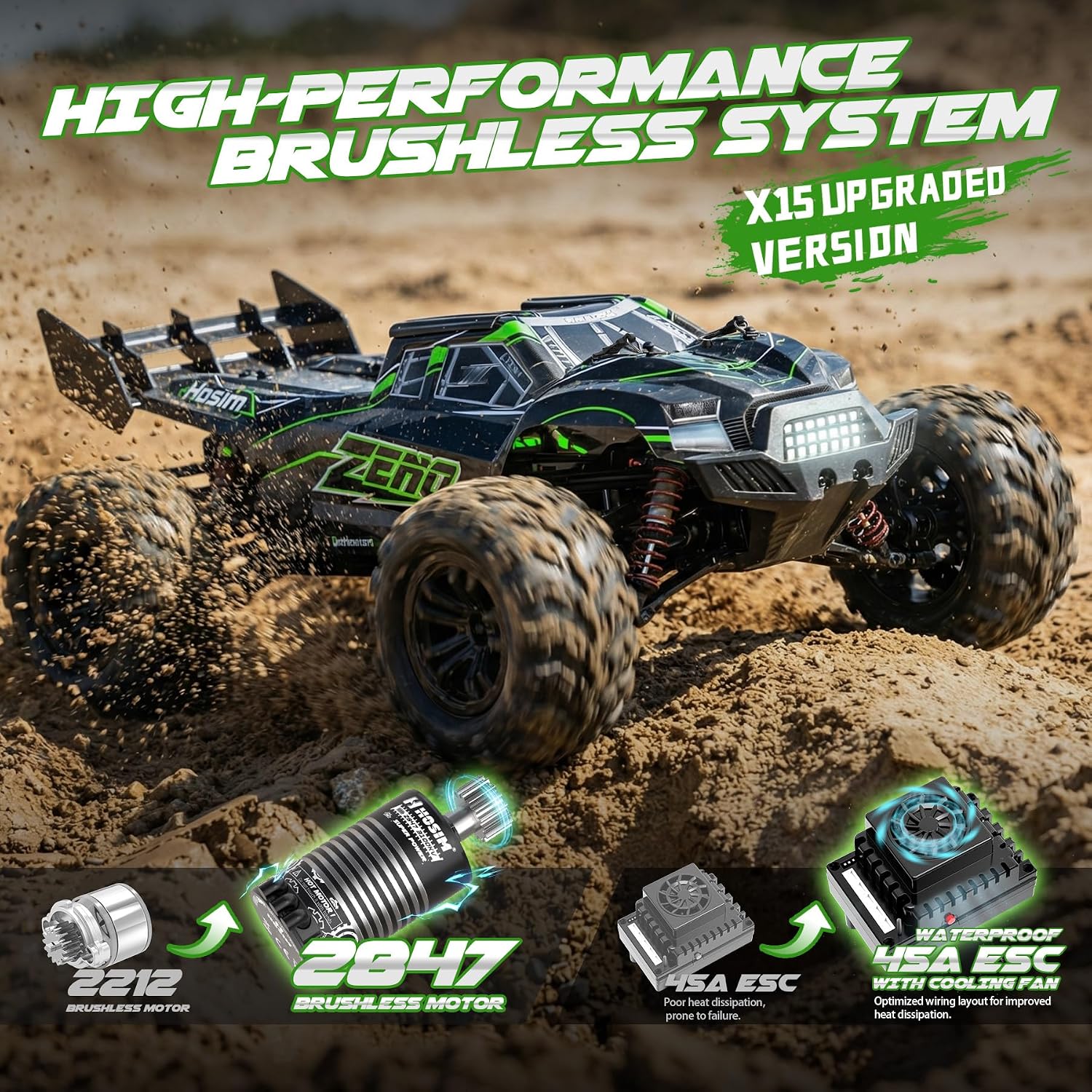 Hosim 1/10 Brushless RC Cars for Adults & Boys 60+ KPH, Fast RC Truck | 4x4 Off-Road All-Terrain Big Remote Control Car