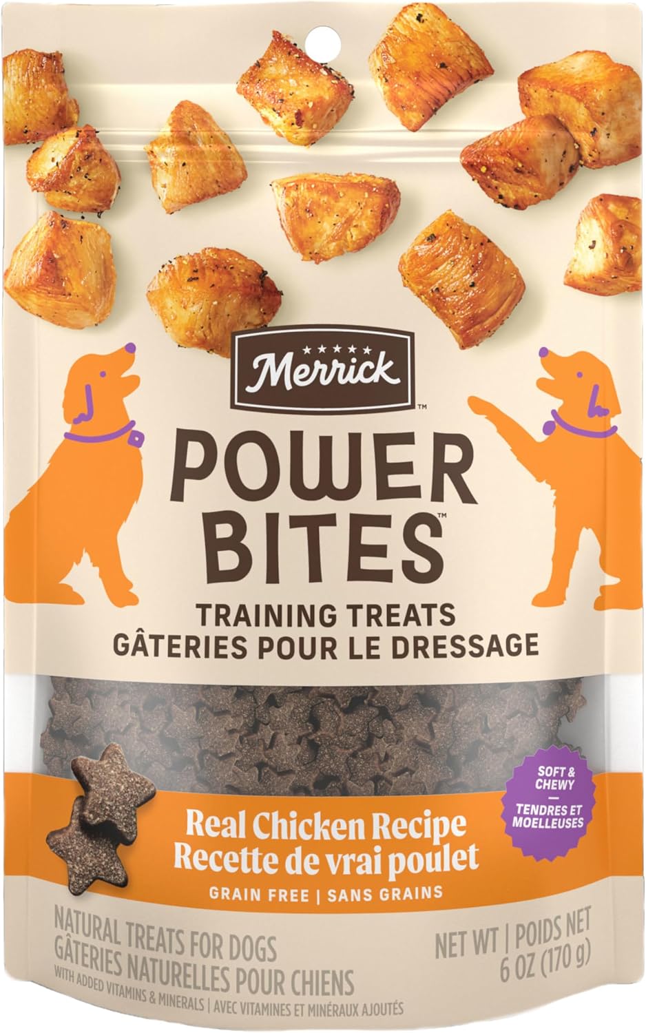 Merrick Power Bites Chicken Recipe Soft Dog Treats, Grain-Free Dog Snack with Real Chicken, 6 oz Bag