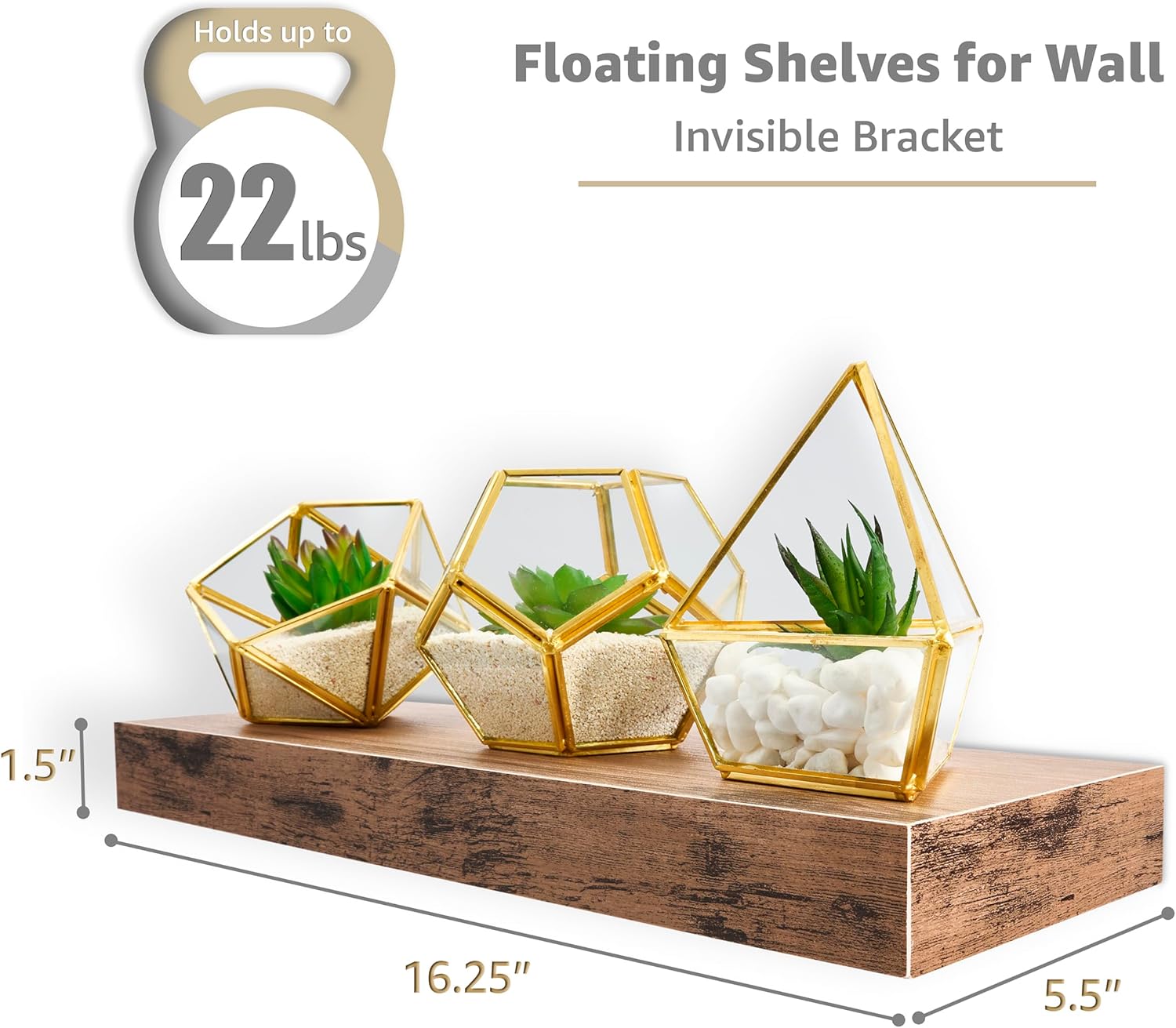 Sorbus Floating Shelves for Wall – 16 Inch Floating Shelf for Kitchen, Bedroom, Living Room, Bathroom, Home & Wall Decor - Mounted Bathroom Shelves with Invisible Brackets (Grey, 3 Pack)