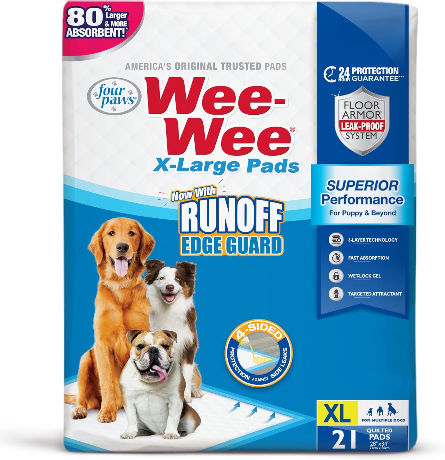 Four Paws Wee-Wee Superior Performance X-Large Dog Pee Pads, 40 Count | Puppy & dog potty training pads, housebreaking supplies, xl puppy pads, pet supplies, 24-hour floor protection, 28" x 34"