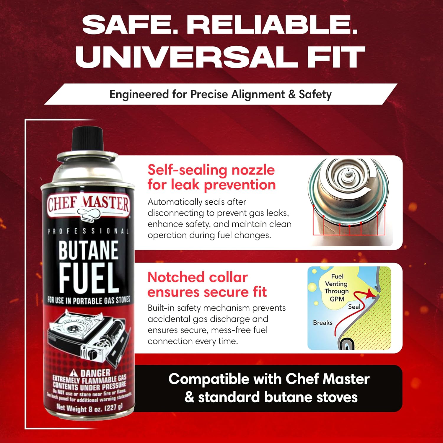 Chef Master Butane Fuel Canister, Camp Stove & Torch Refill, 8 oz, 12-Pack