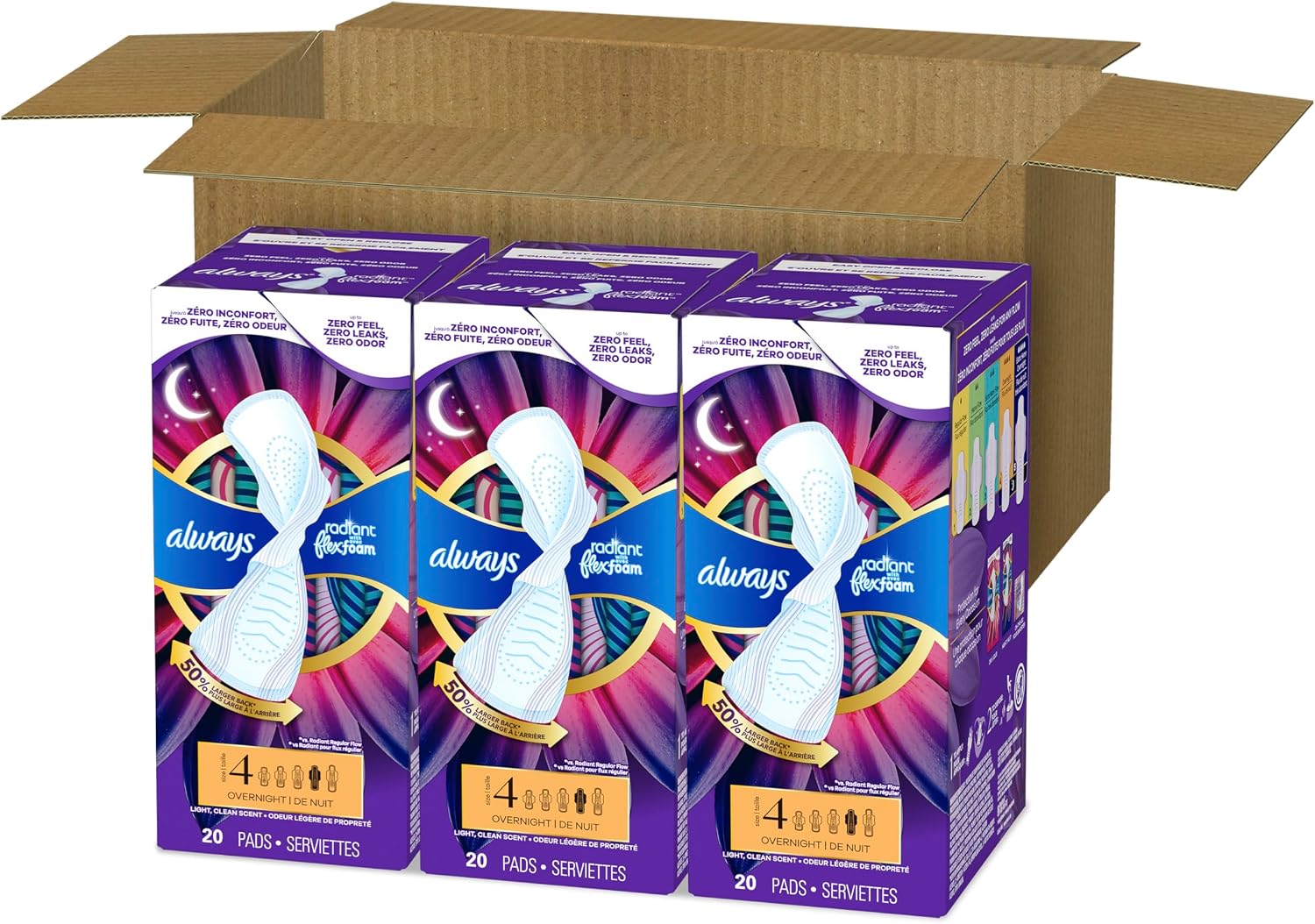 Always Radiant Feminine Pads for Women, Flexfoam Pads with Wings, Size 4, Overnight Absorbency, Lightly Scented, 60 Count (3 Packs of 20)