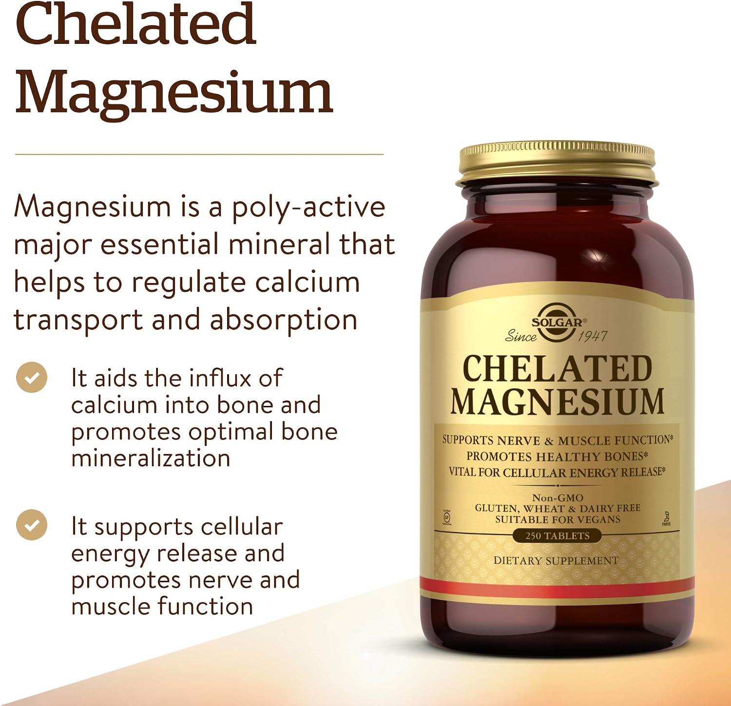 Solgar Chelated Magnesium, 250 Tablets - Supports Nerve & Muscle Function - Promotes Healthy Bones - Vital for Cellular Energy Release - Non-GMO, Vegan, Gluten Free, Dairy Free - 62 Servings