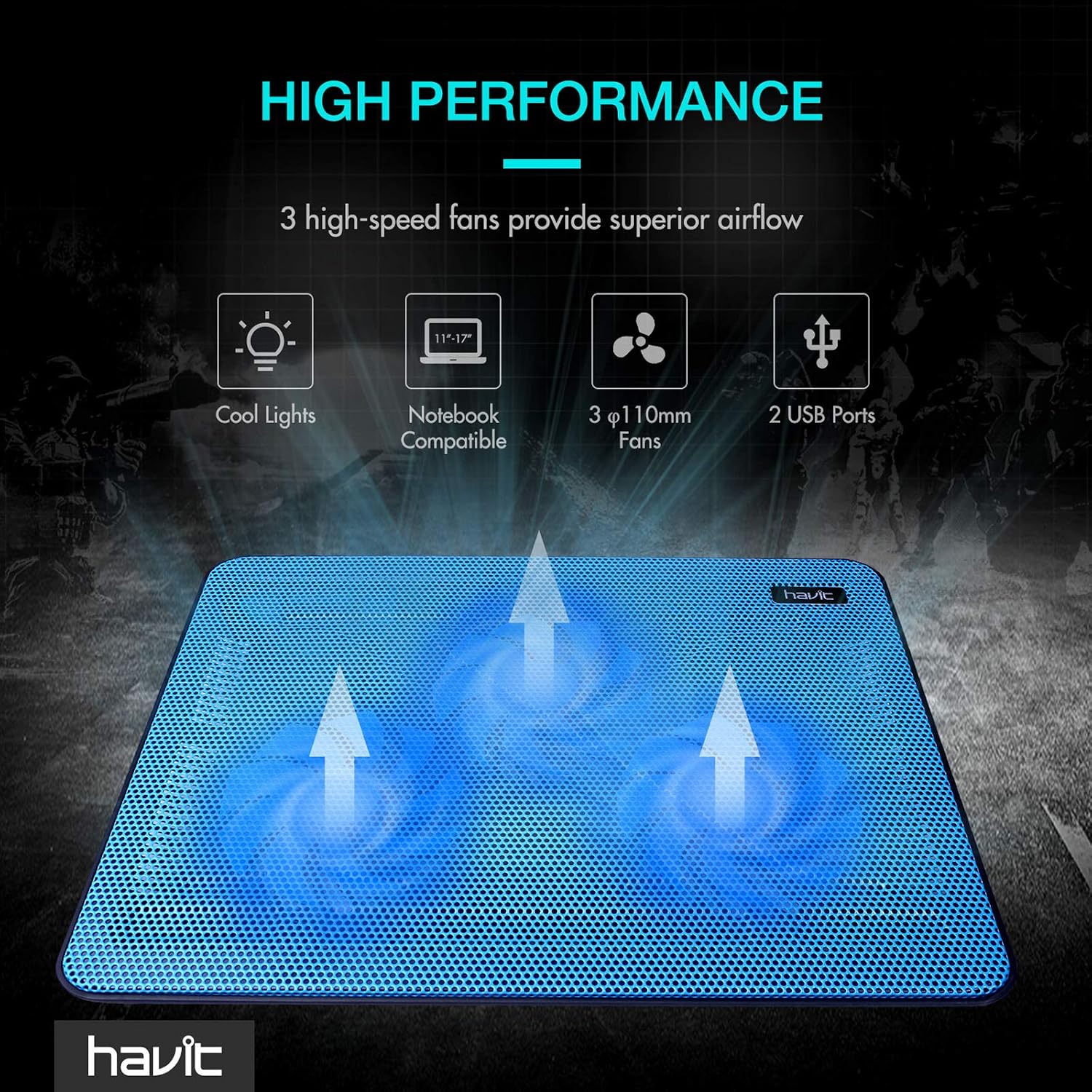 havit HV-F2056 15.6"-17" Laptop Cooler Cooling Pad - Slim Portable USB Powered (3 Fans), Black/Blue | Three quiet USB-powered fans circulate air below the laptop, two height settings improve viewing and typing comfort