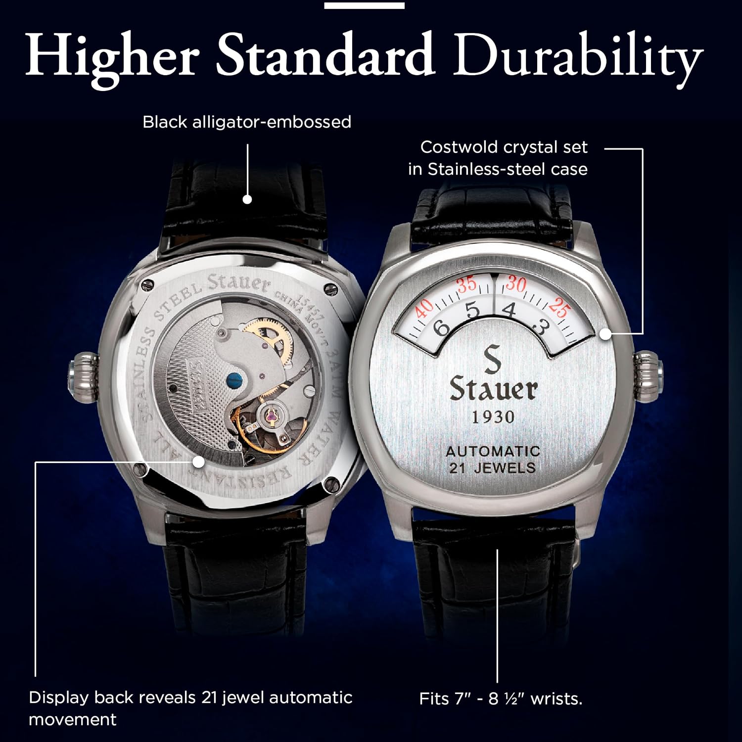 Stauer 1930 Dashtronic Watch Cotswold Genuine Men's Automatic Watch with Leather Band and Stainless Steel Case 21-Jewel Movement and 3-ATM Water Resistant
