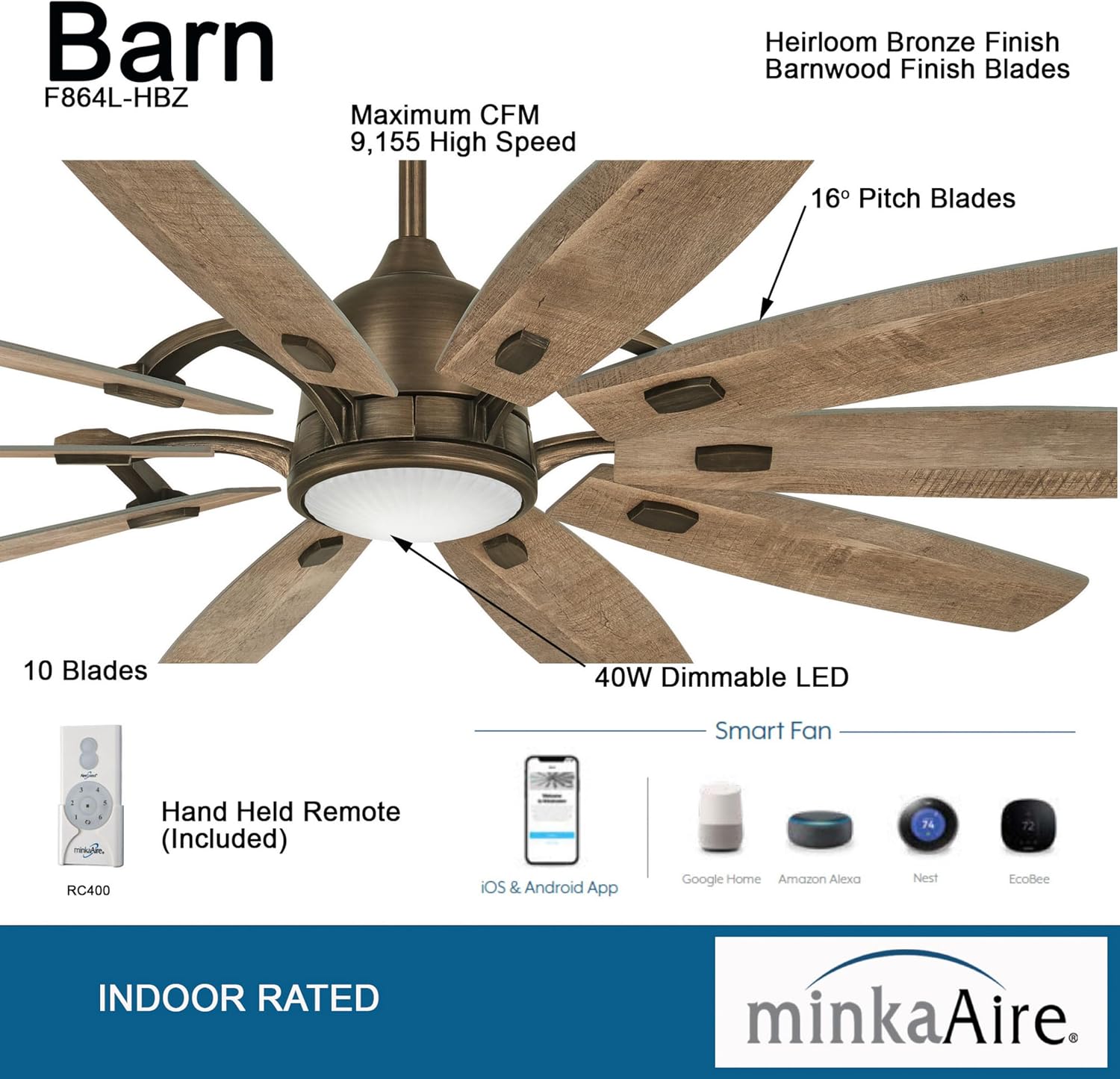 MINKA-AIRE F864L-HBZ Barn 65 Ceiling Fan with LED Light and DC Motor, Brown Heirloom Bronze Finish