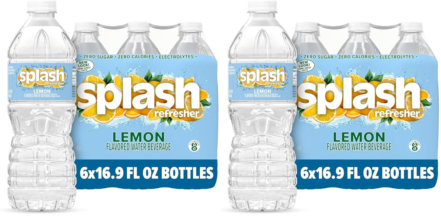 SPLASH REFRESHER Flavored Water Bottles, Lemon - 6 Pack | Refreshing Flavored Bottled Water with Electrolytes - Zero Sugar & Zero Calories - 16.9 Fl Oz