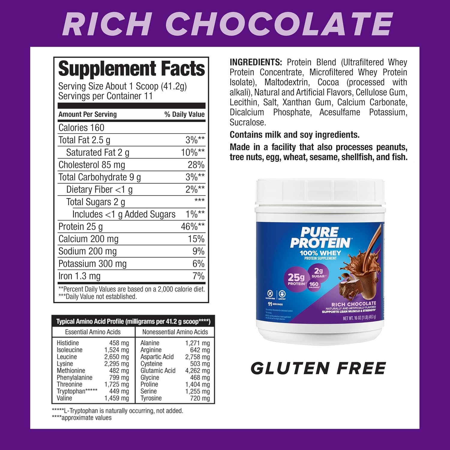 Pure Protein Powder, Vanilla Cream, Low Sugar, Gluten Free, 1 lb, Whey | High Protein