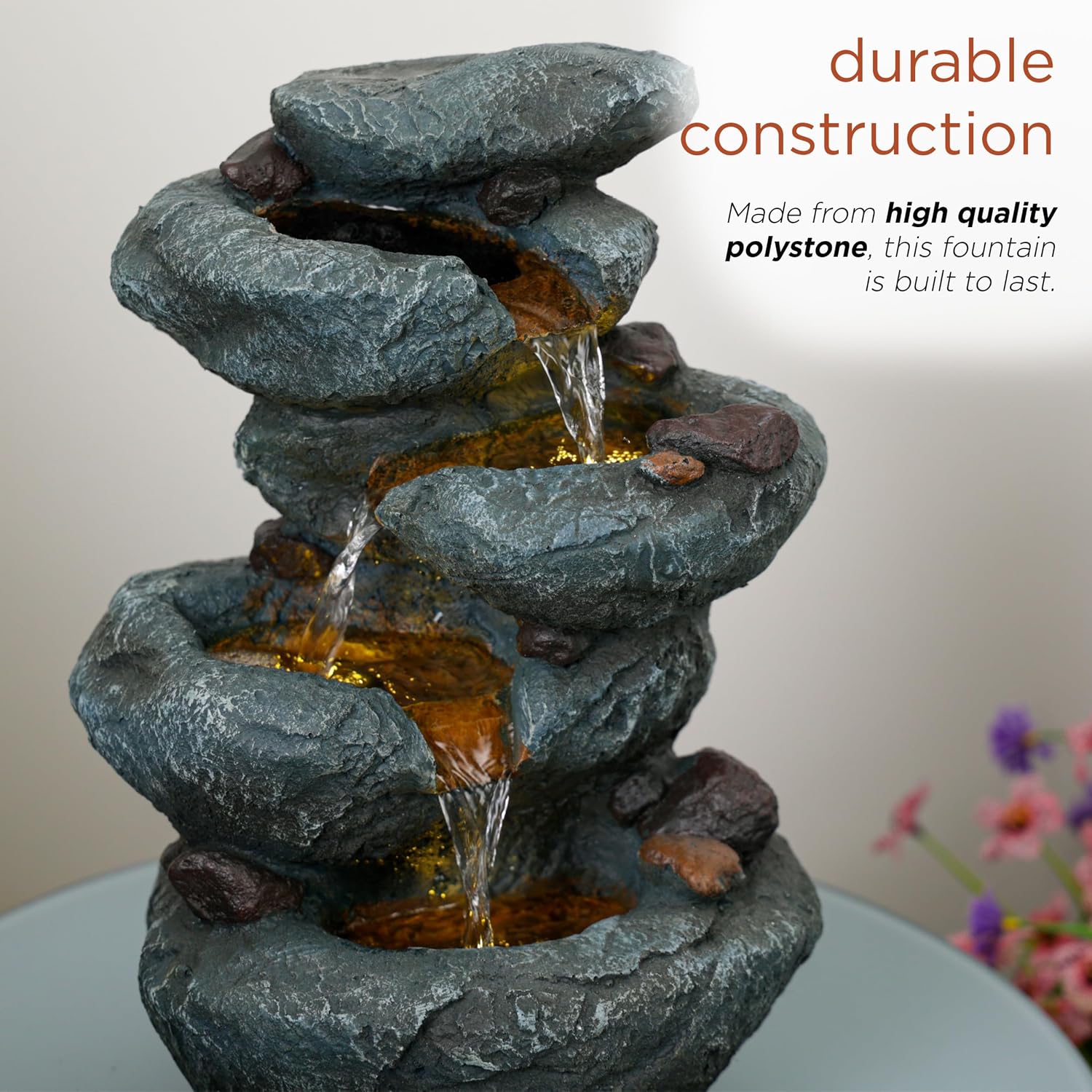 Alpine Corporation 13" Tall Indoor Tabletop Water Fountain, 4 Tier Cascading Water Feature with LED Lights for Home, Office, Living Room, or Zen Decor, Gray