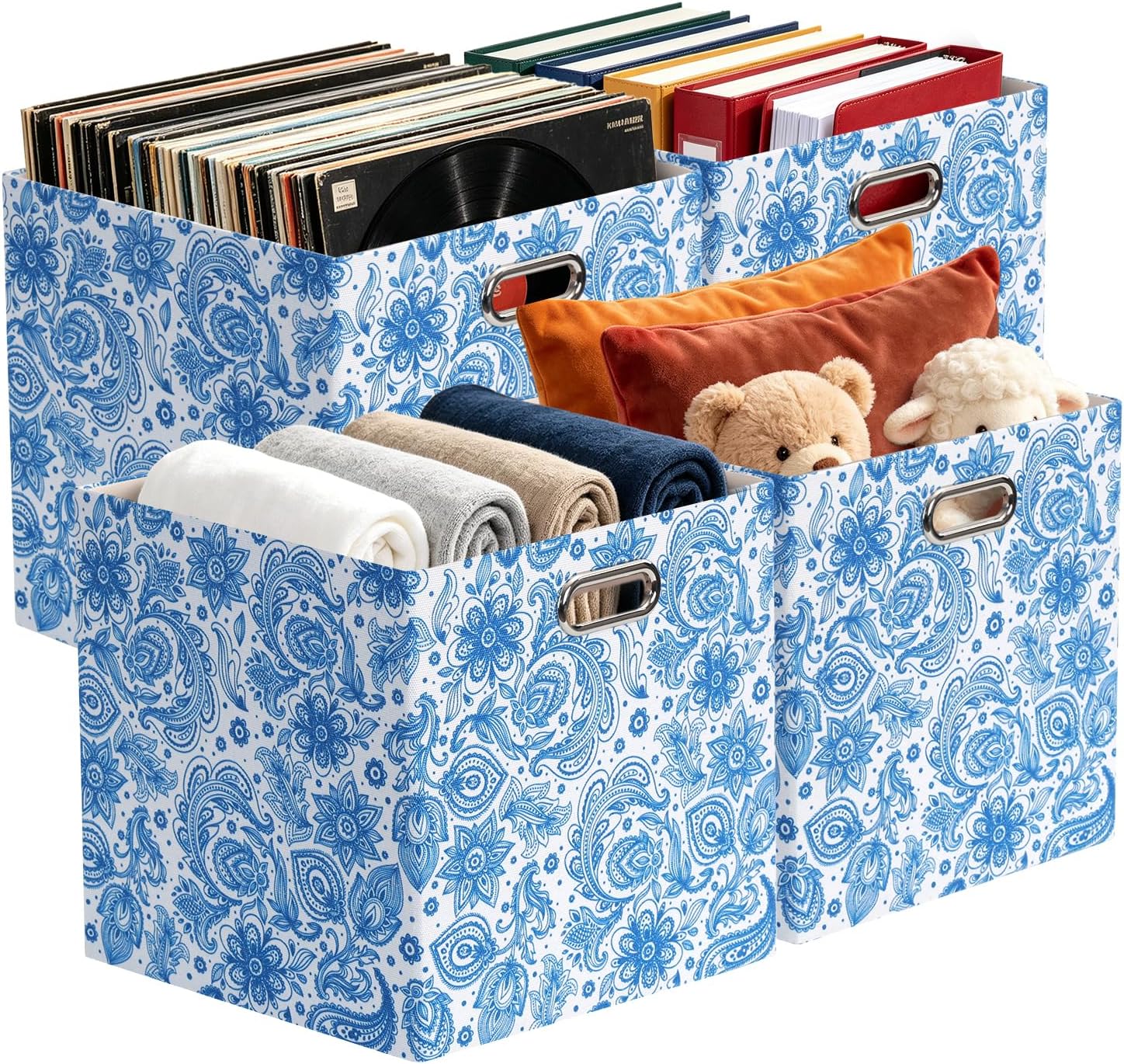 Posprica Storage Bins, Storage Cubes,13×13 Fabric Drawers Organizer Basket Boxes Containers (13×13×13/4pcs, Cream/gold geometry Pattern)