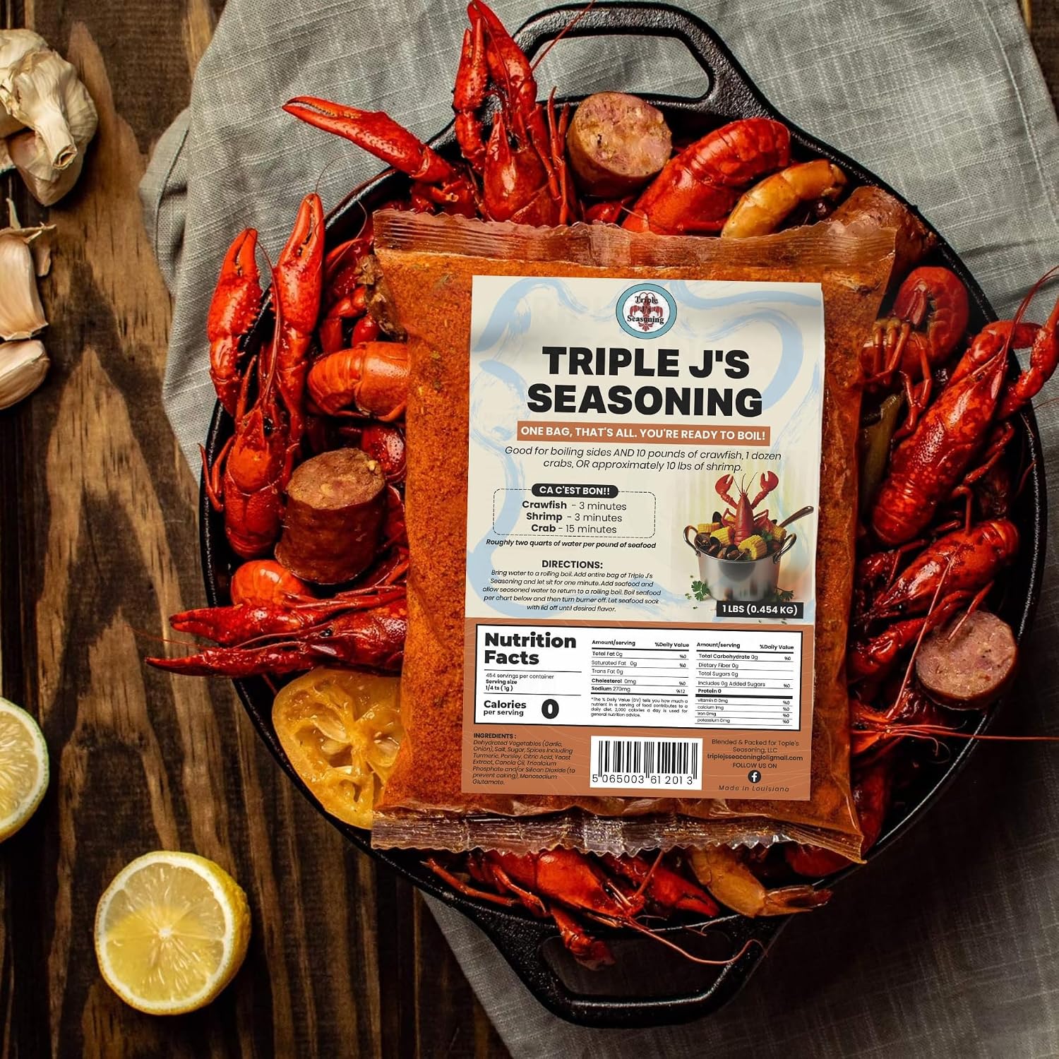 Triple J's Authentic Louisiana Crab Boil Seasoning, Seafood Boil, 1 lb