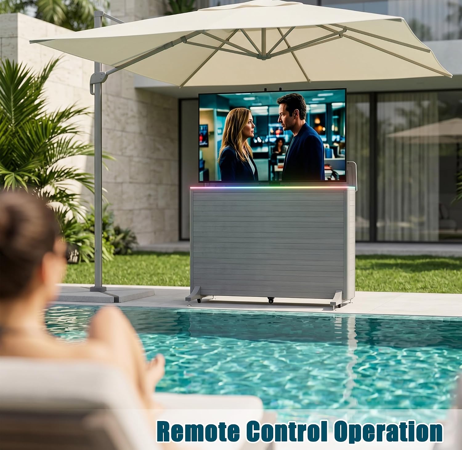 High-Grade Wood-Plastic Composite Outdoor TV Lift Cabinet, Mobile TV Stand on Wheels, Weatherproof Motorized TV Lift Stand