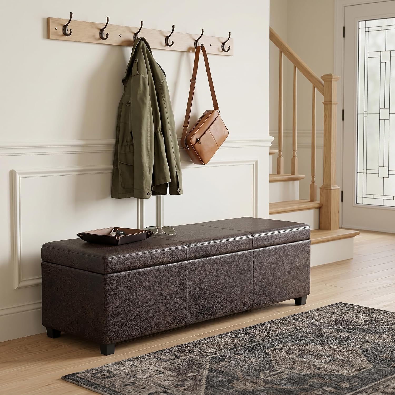 SIMPLIHOME Avalon 54" Wide Vegan Leather Storage Ottoman in Tanners Brown