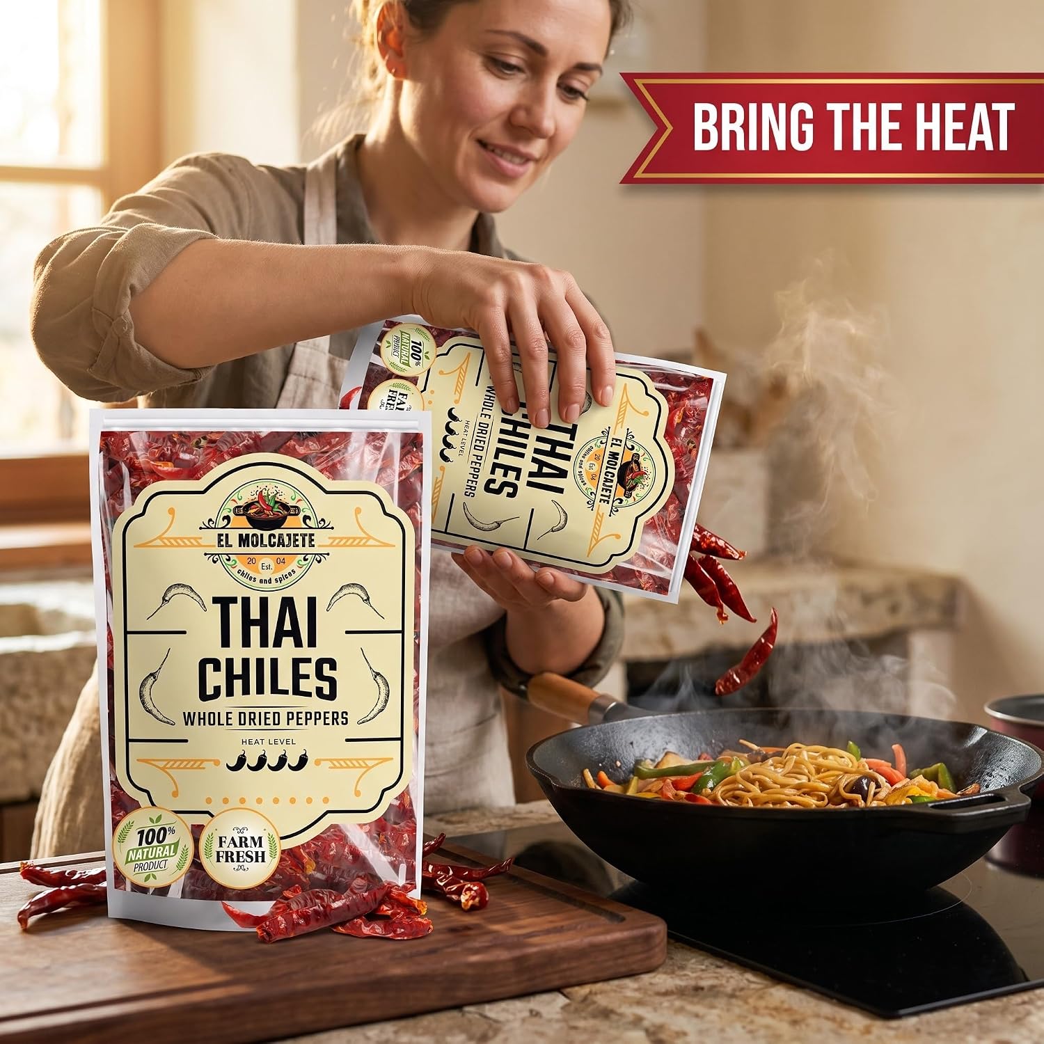 Dried Red Thai Chili Peppers 16oz Whole Hot Asian Chile for Curry Soup | Fiery authentic heat for tom yum, pad thai, ramen, stir fry & chili oil. Bulk bag, all natural. Resealable.