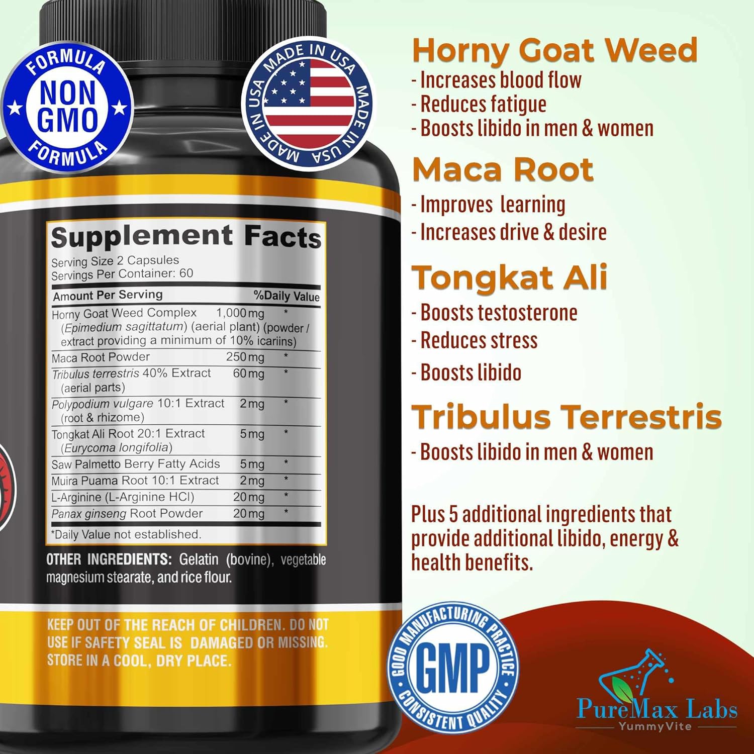 YUMMYVITE Horny Goat Weed Extra Strength Blend, w. Maca, Arginine, Ginseng, Tribulus, Tongkat, Libido, Stamina, Energy Support, Non-GMO Formula