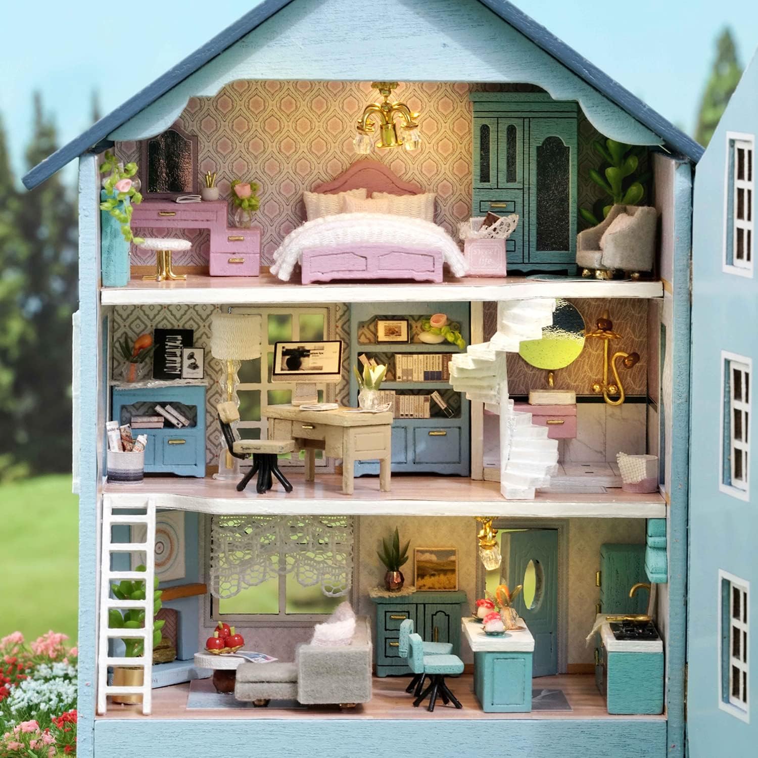 DIY Miniature Dollhouse Kit with Furniture Plus Dust Proof | 1:24 Scale Creative Room Mini Wooden Doll House Accessories for Kids Teens Adults Aged 14+(Beach Cottage)