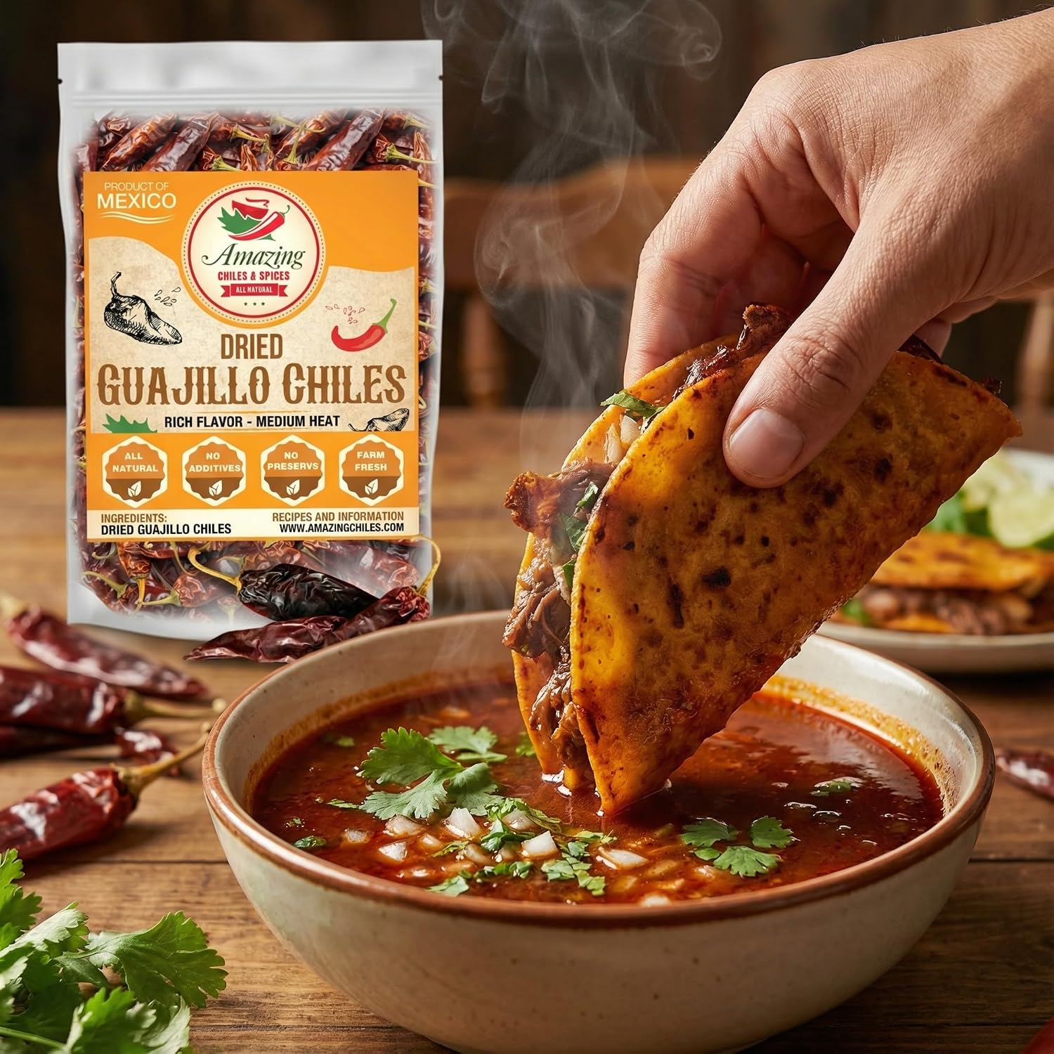 Guajillo Chiles Peppers Dried Whole 4 oz – Natural and Premium. Great For Mexican Recipes Like Mole, Tamales, Salsa, Meats. Mild to Medium Heat, Complex Fruity Flavor. Resealable Bag
