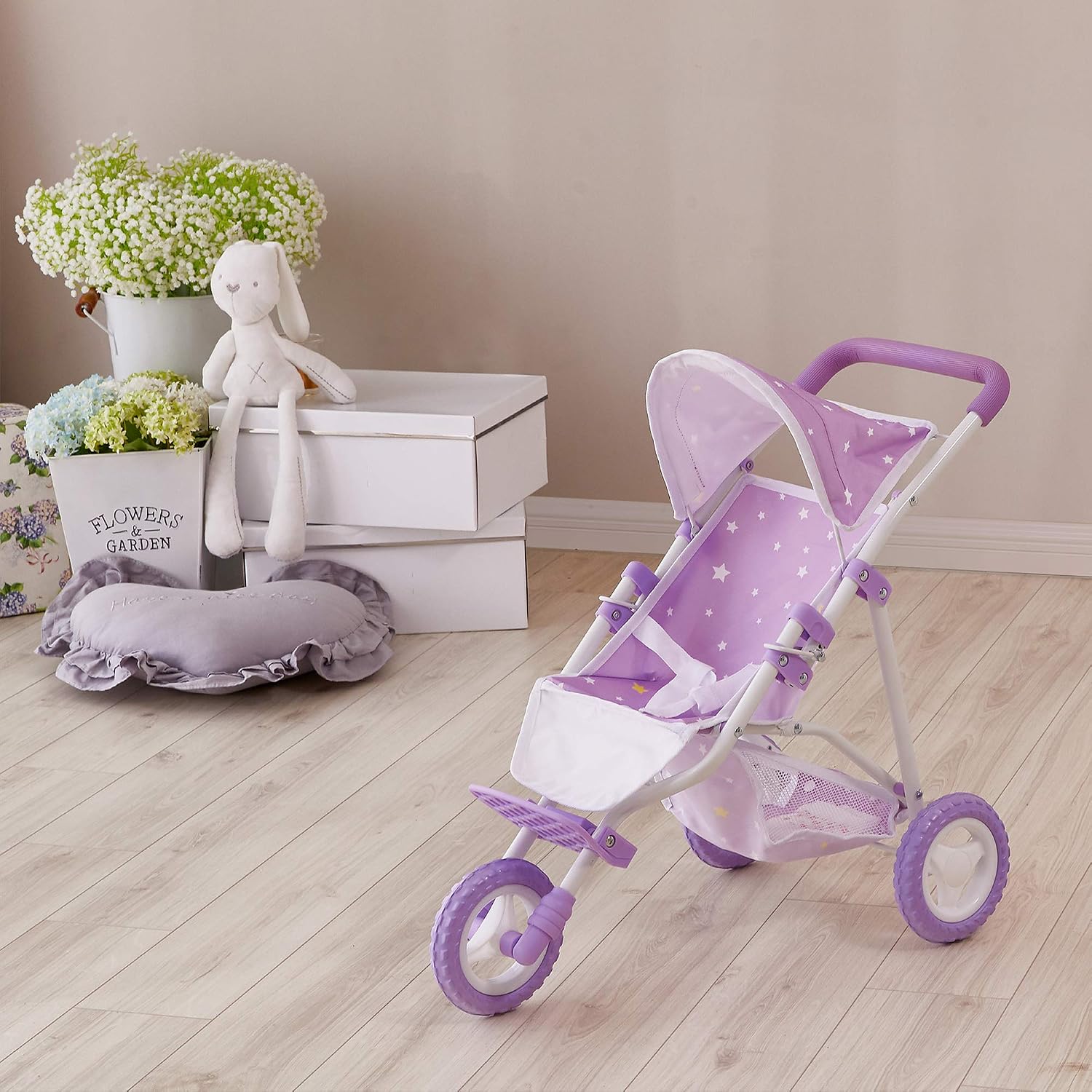Olivia's Little World Baby Doll Jogging-Style Stroller with Canopy, Seatbelt and Storage Space, Purple and White