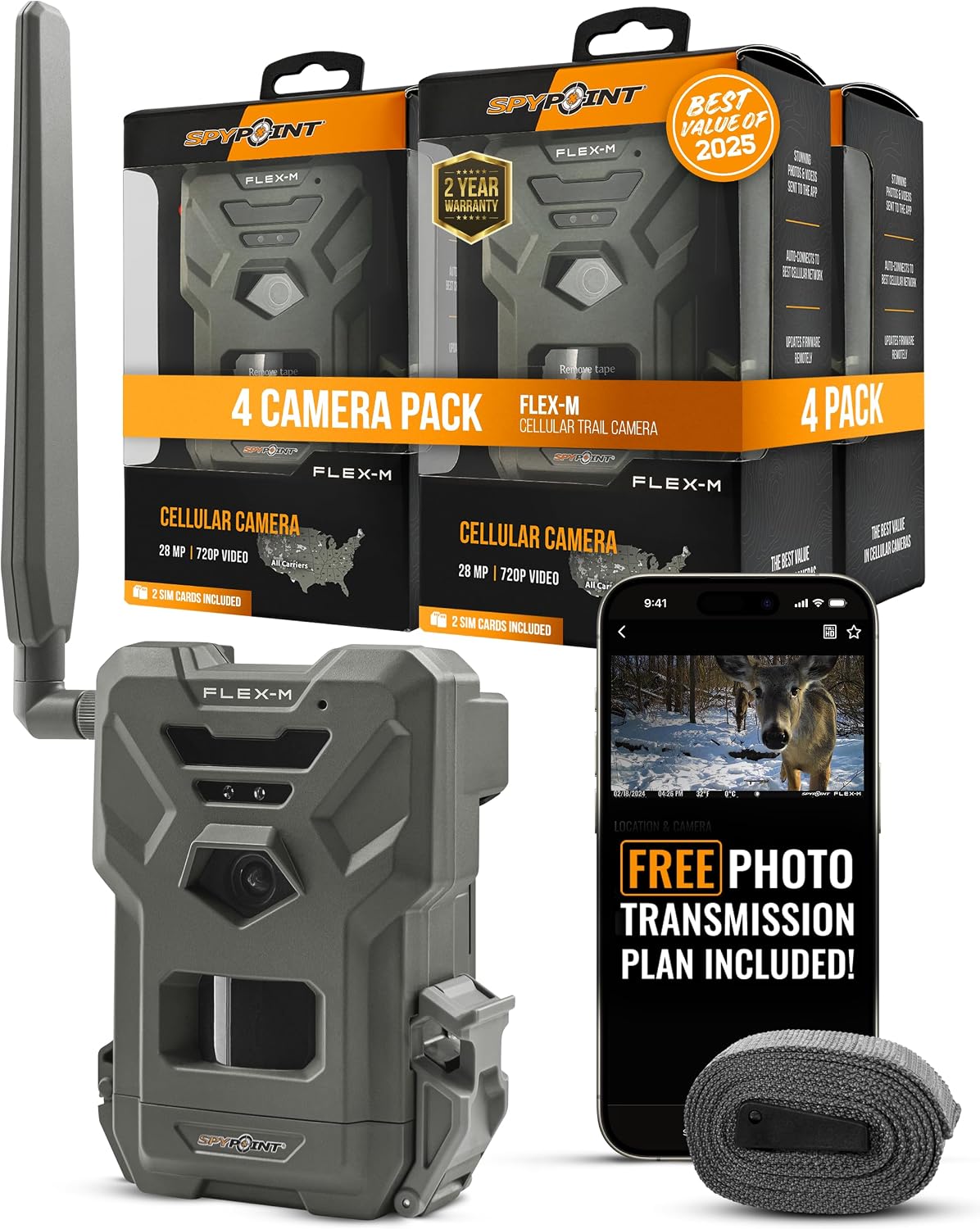 SPYPOINT Flex-M Twin Pack Cellular Trail Cameras - Best Hunting Accessories, No WiFi Needed, GPS, Night Vision, Dual-Sim LTE, IP65 Water-Resistant Game Camera, 28MP Photos, 720p Videos + Sound (2) | IP65 Water-Resistant Game, 720p Videos + Sound, 28MP Ph…