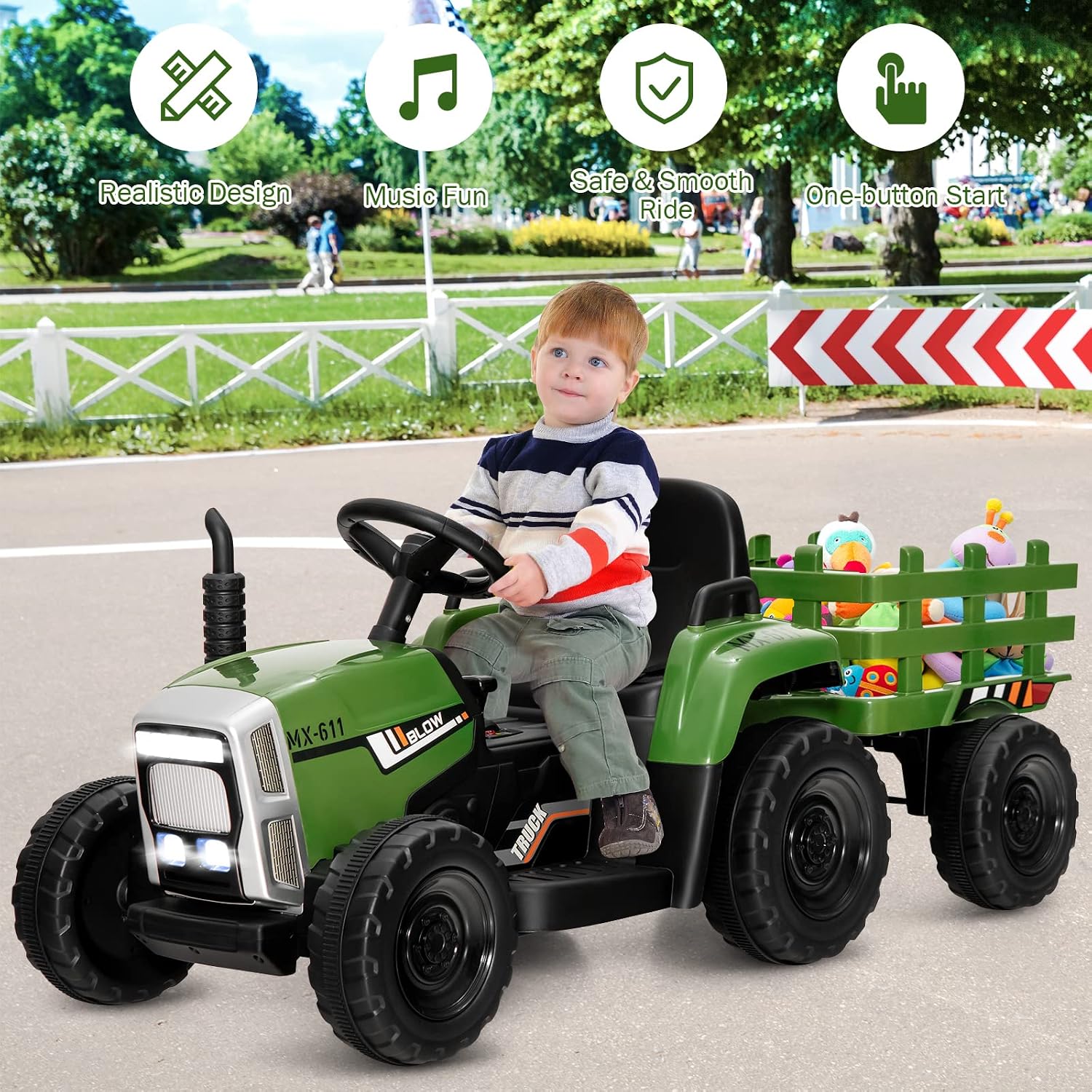 Costzon Ride on Tractor with Detachable Trailer, Kids' Electric Vehicles w/3-Gear-Shift Ground Loader, Wireless Design & USB, 7 LED Headlights
