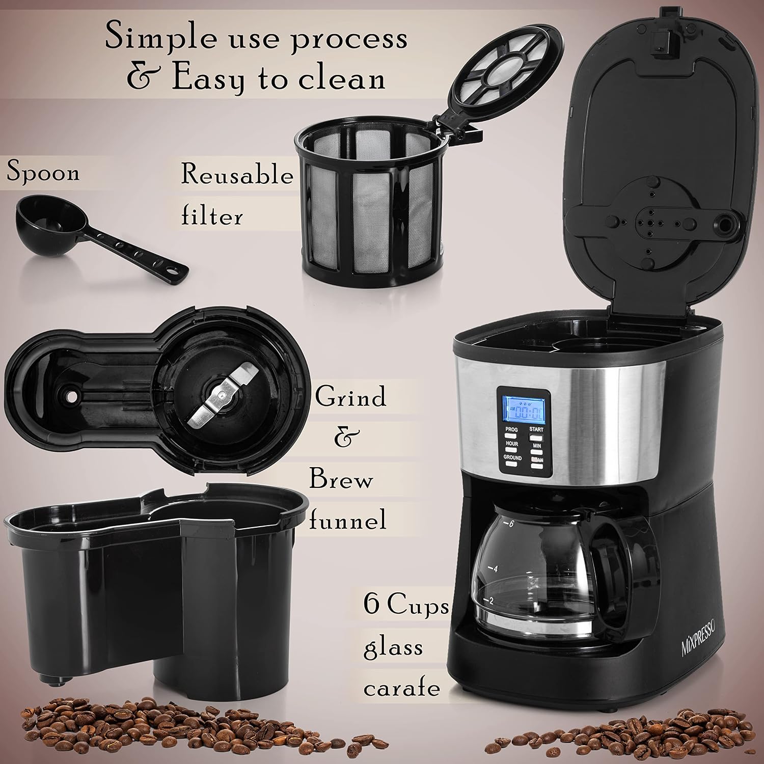 Mixpresso 5-Cup Drip Coffee Maker, Automatic Brew Coffee Pot Machine with Built-In Burr Coffee Grinder
