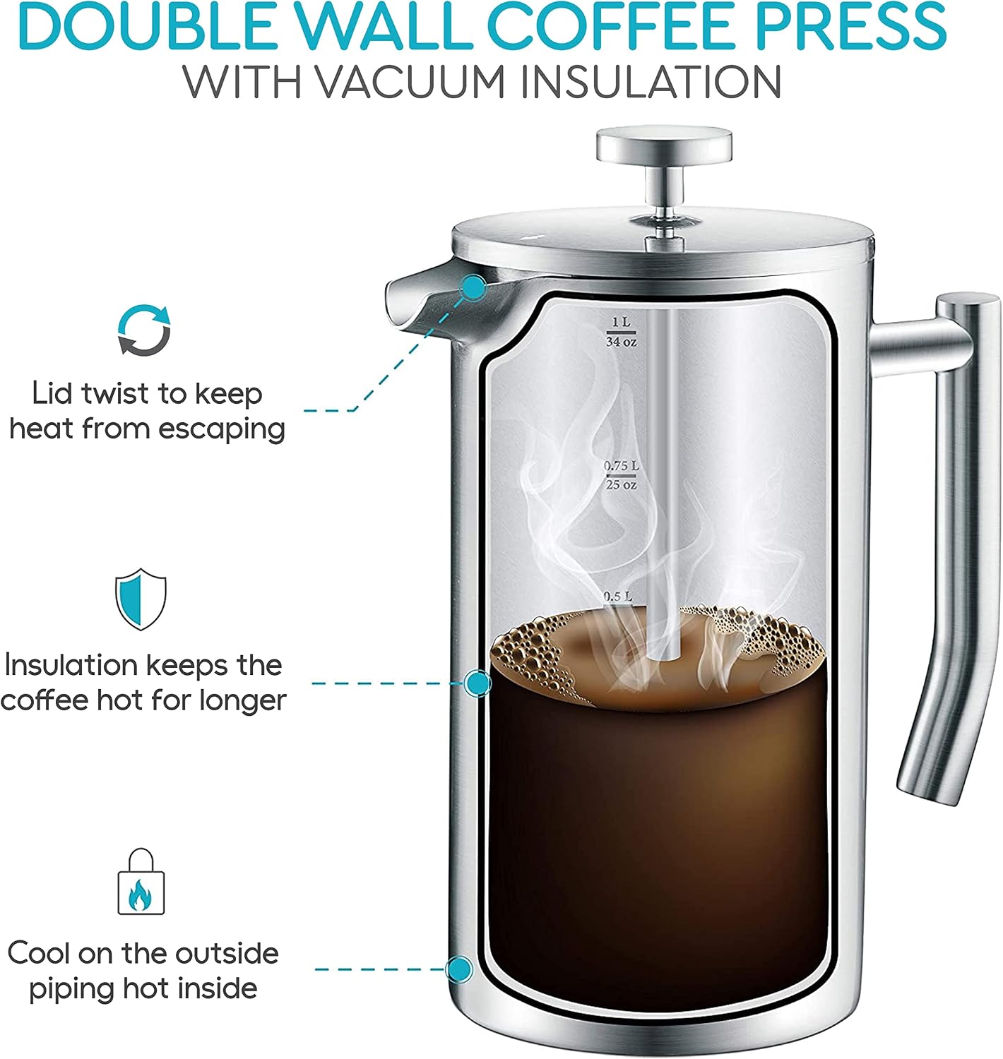 French Press Coffee Maker - 50oz Stainless Steel, Insulated Coffee Press | Large 6 Cup 50oz Capacity, Double Wall Keeps Coffee Hot, 4 Level Filter for Ground Free Coffee, 2 Extra Filters, Matte Black