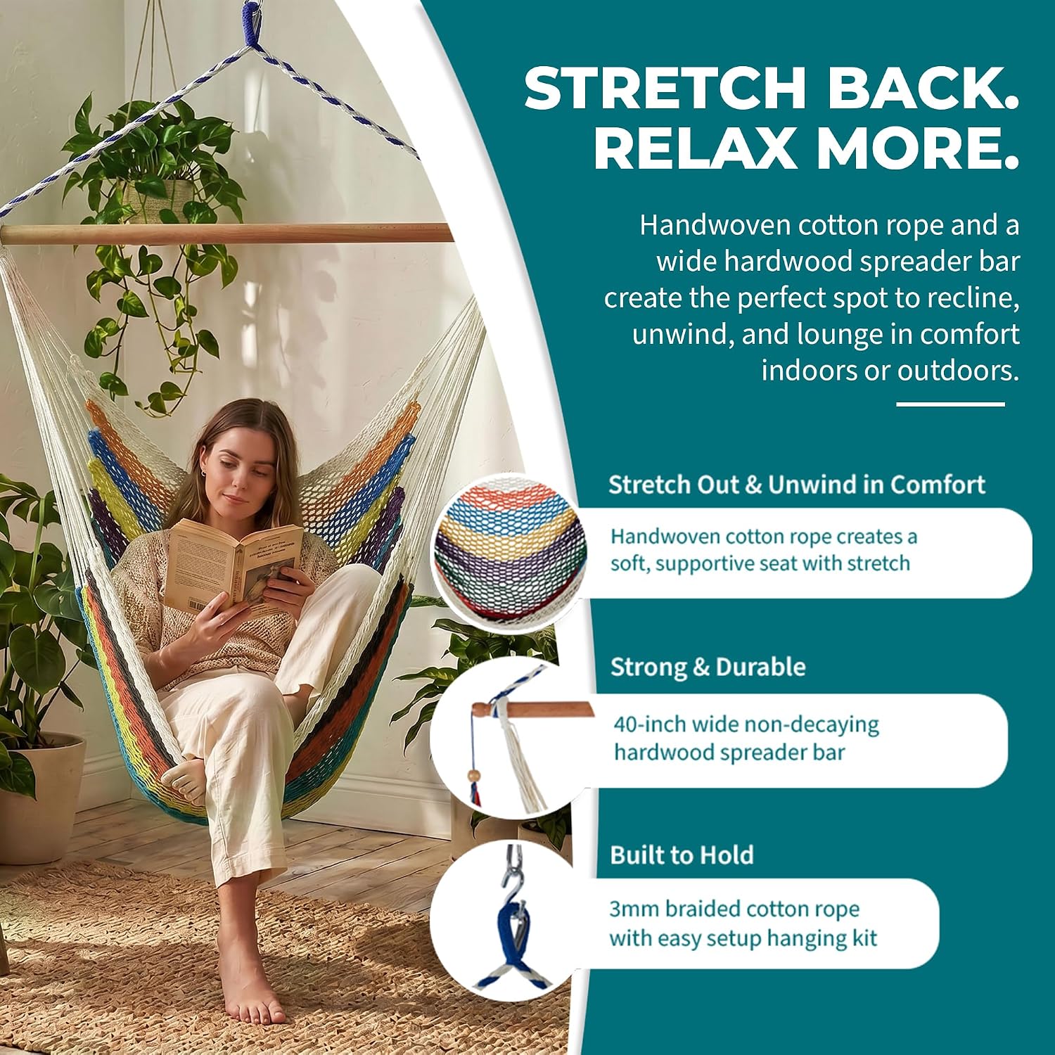 Bliss Hammocks BHC-412NT Island Rope Hammock Chair, Eco Friendly & Hand Woven, Varnish Coated 40 Inch Wood Spreader, Easy to Hang w/Included Hanging Kit, Supports up to 265 pounds, Natural Rope