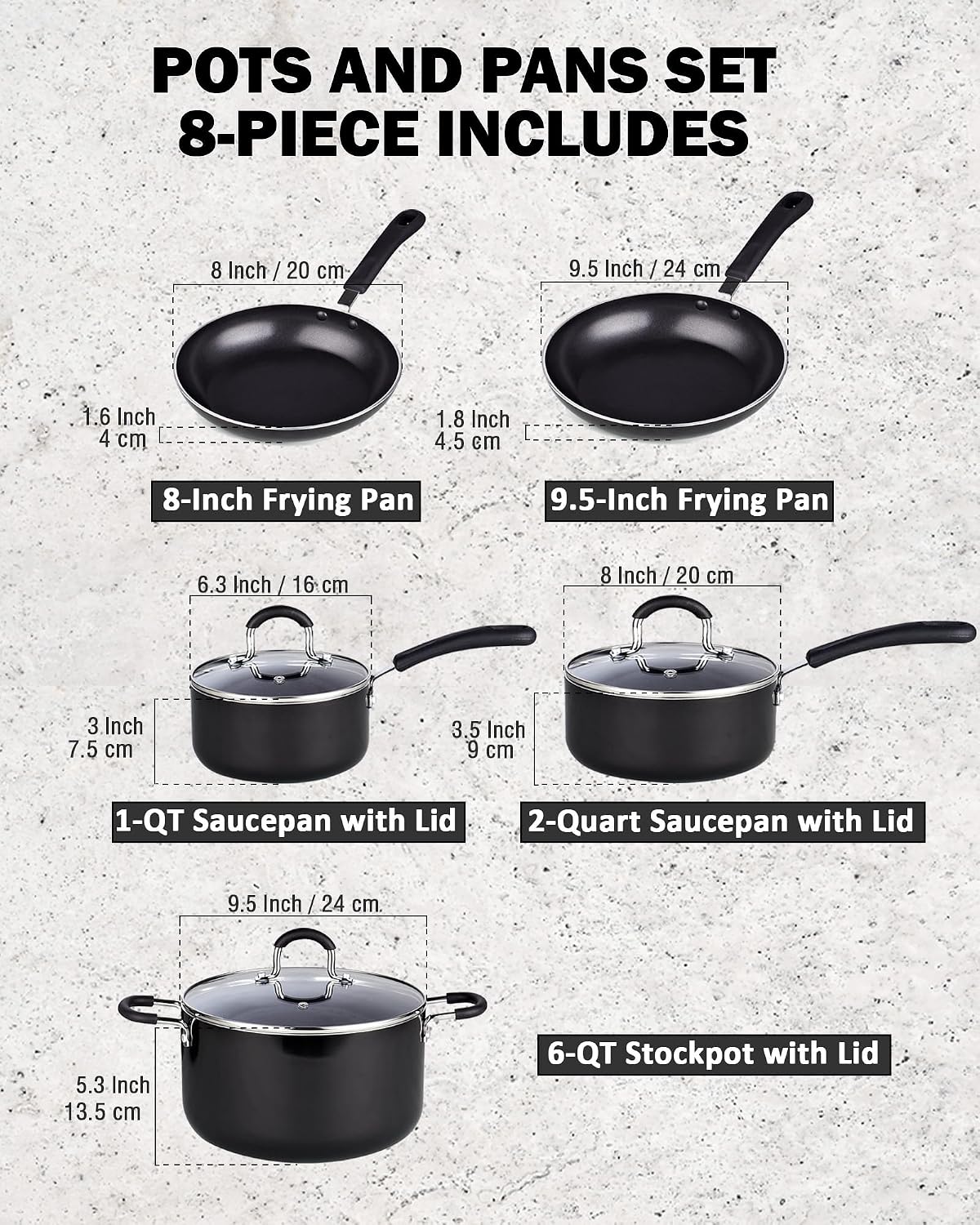 Cook N Home 8-Piece Nonstick Pot and Pan Set with Lid Induction Compatible | Cookware Set Includes Saucepan with Lid, Stockpot with Lid, Frying Pan, Kitchenware set Non Stick, Black