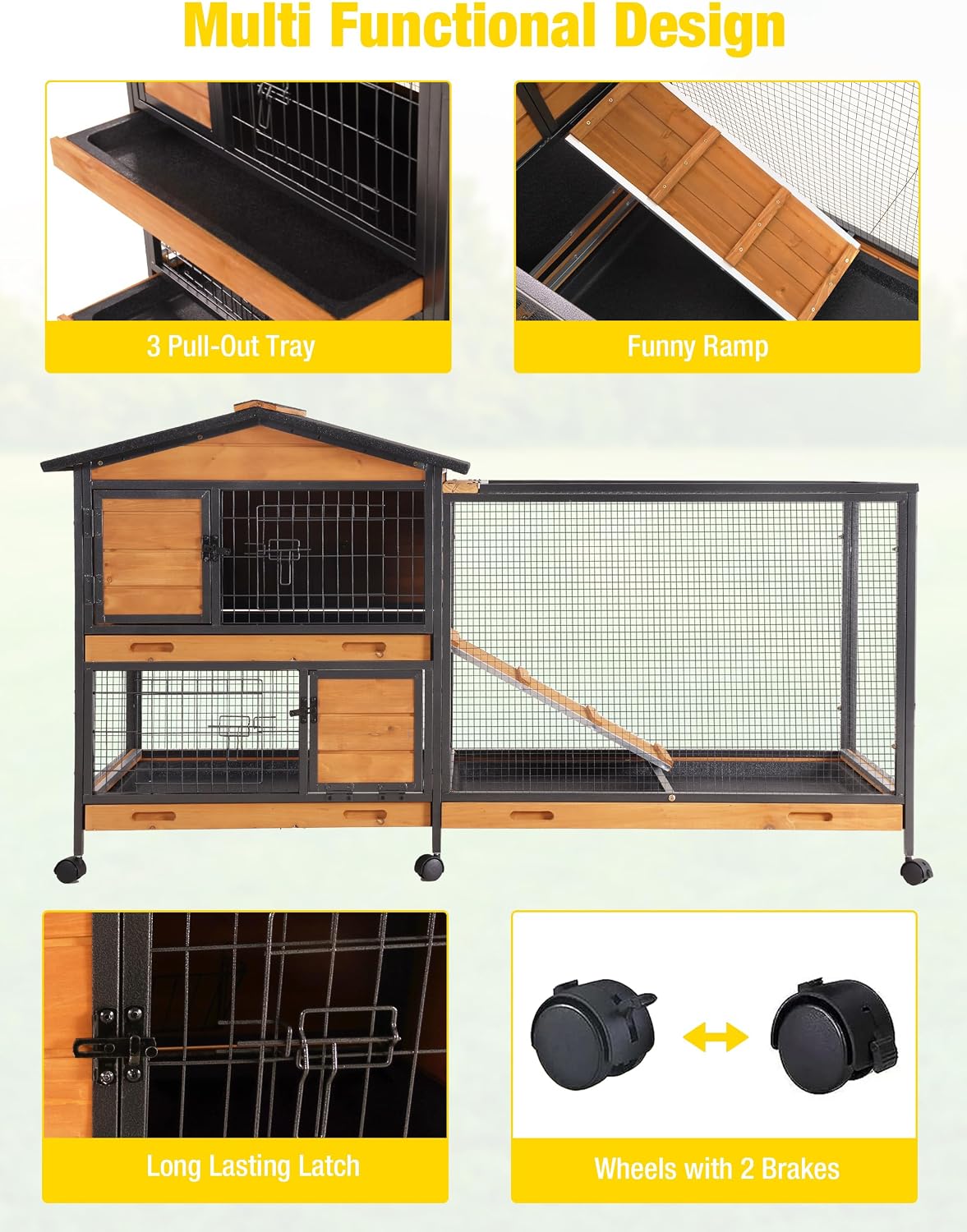 Aivituvin Rabbit Hutch, Indoor Bunny Cage with Run Outdoor Rabbit House with Two Deeper No Leak Trays - 4 Casters Include (Grey)