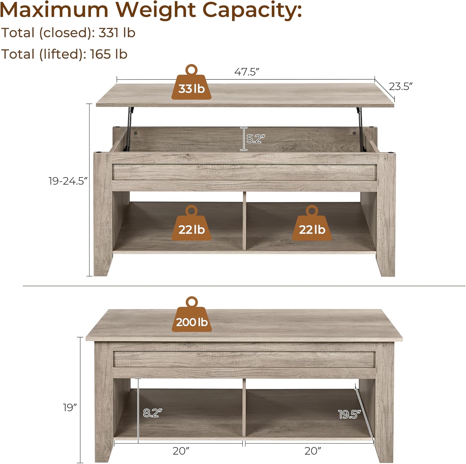 Yaheetech Lift Top Coffee Table with Hidden Storage Compartment Gray 47.5in