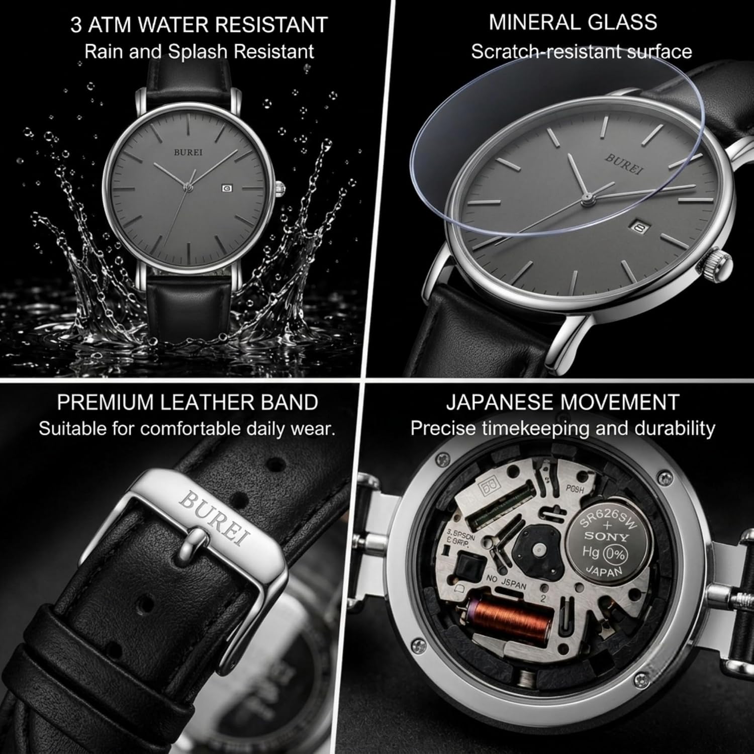 BUREI Men Wrist Watches Fashion Minimalist Thin Analog Quartz Waterproof Watches for Men, Refined Gifts for Men, Boyfriend, Husband, Dad